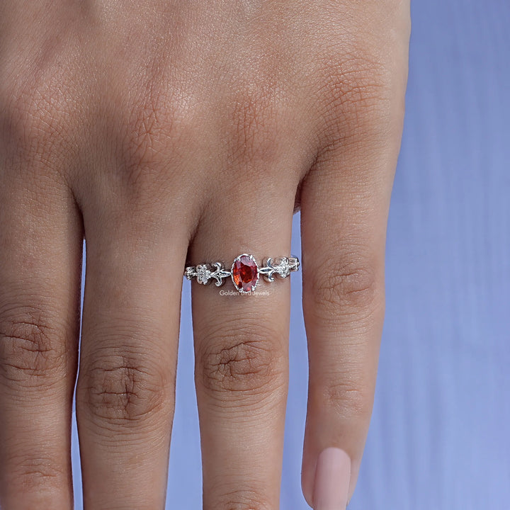 Red Ruby Oval Cut Gemstone Accent Engagement Ring