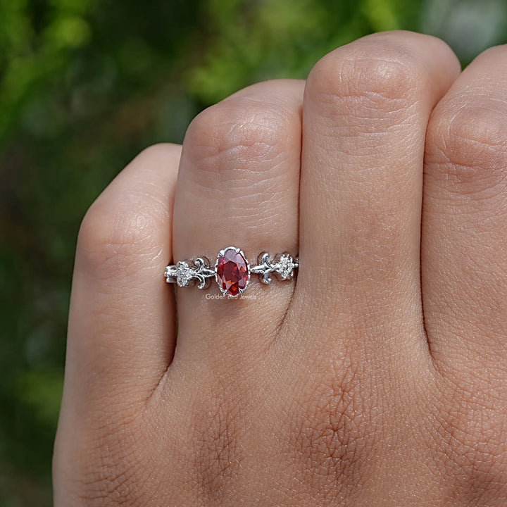 Red Ruby Oval Cut Gemstone Accent Engagement Ring