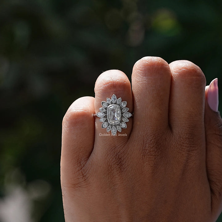 Rose Cut Cushion Moissanite Halo Cluster Ring