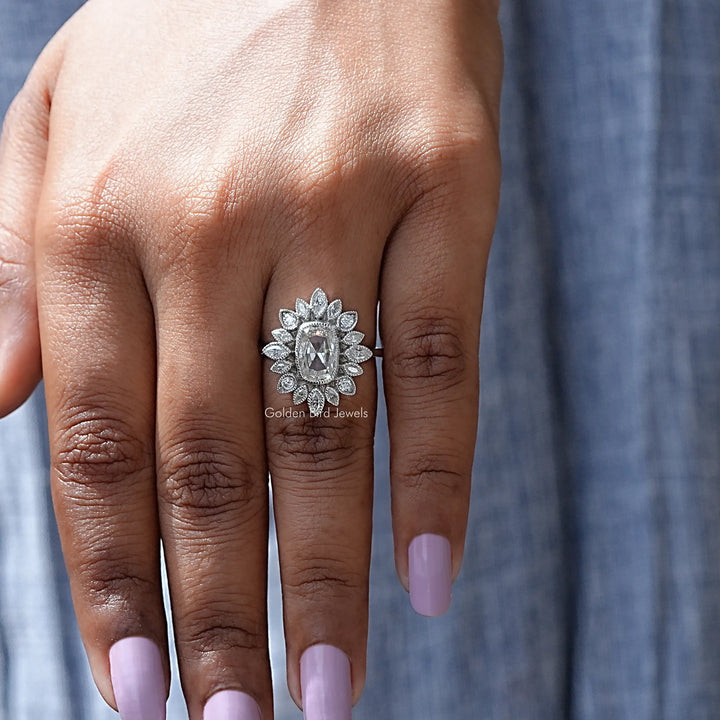 Rose Cut Cushion Moissanite Halo Cluster Ring