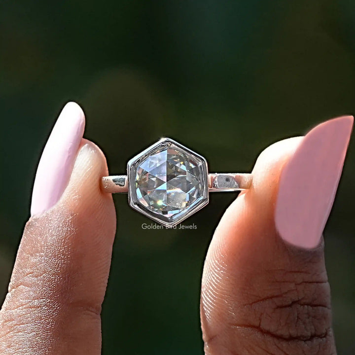 Rose Cut Hexagon Moissanite Engagement Ring