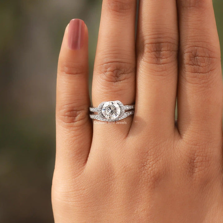 Round Cut Moissanite Halo Bridal Ring Set