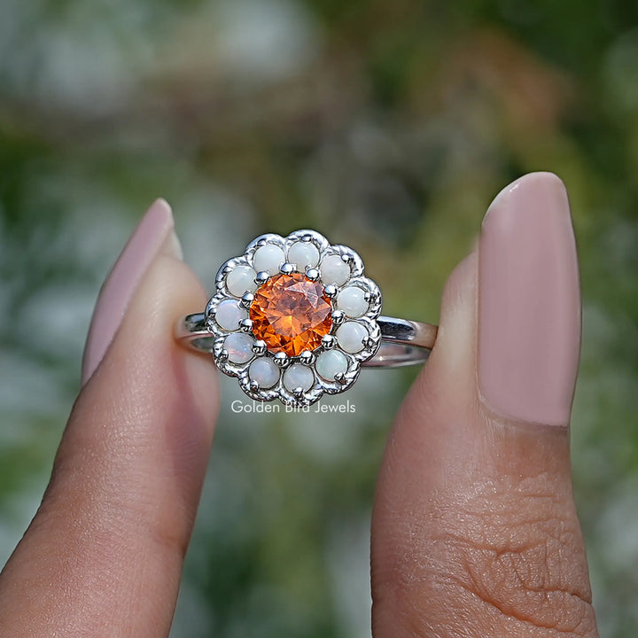 Round Cut Sunstone Halo Engagement Ring