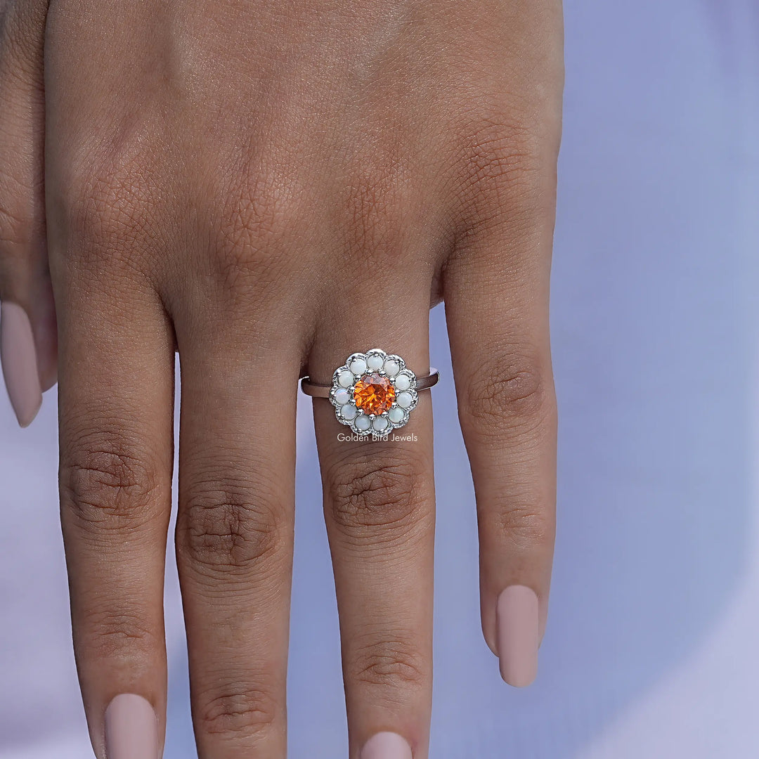 Round Cut Sunstone Halo Engagement Ring