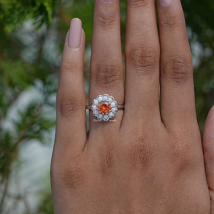 Round Cut Sunstone Halo Engagement Ring