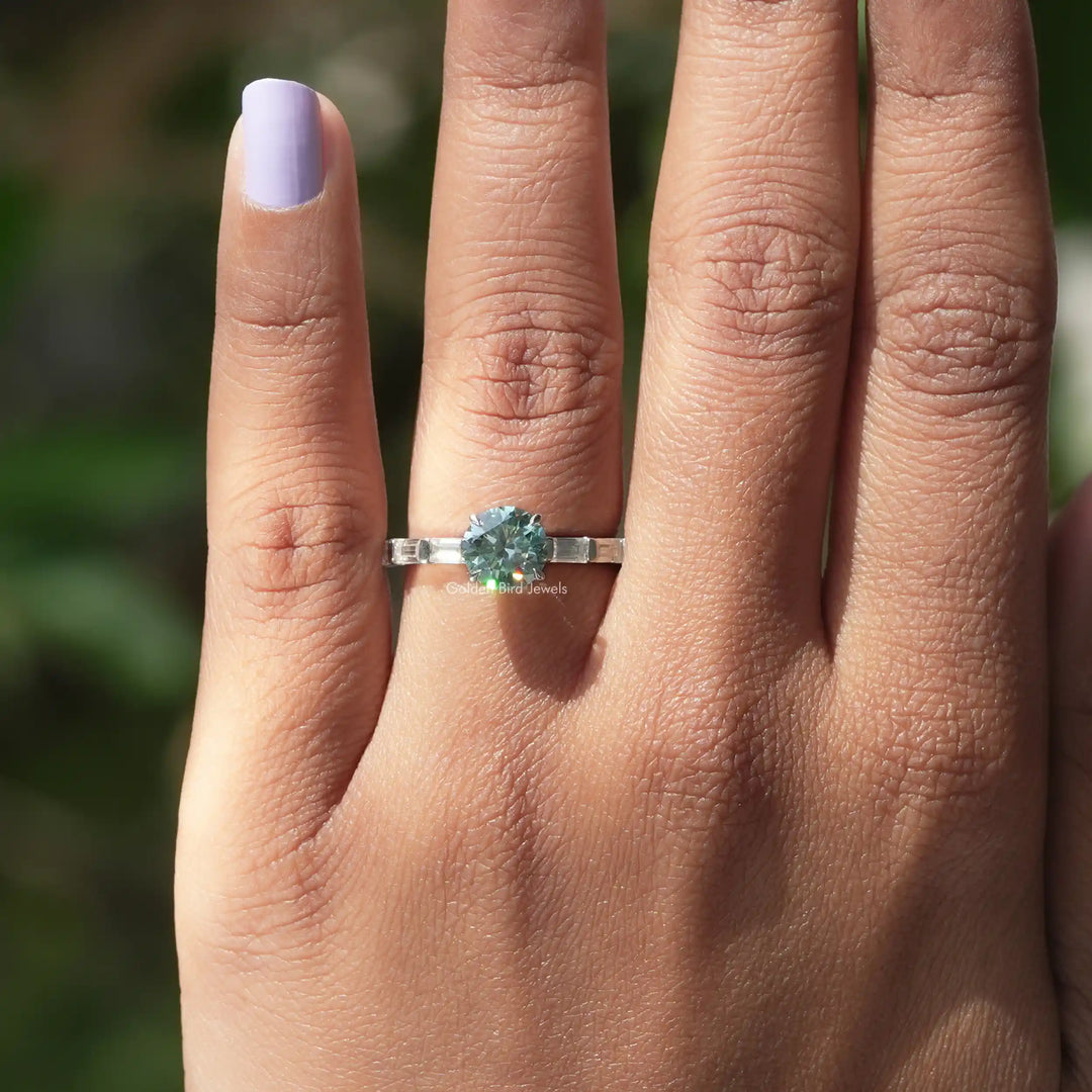 Round And Baguette Moissanite Accent Engagement Ring