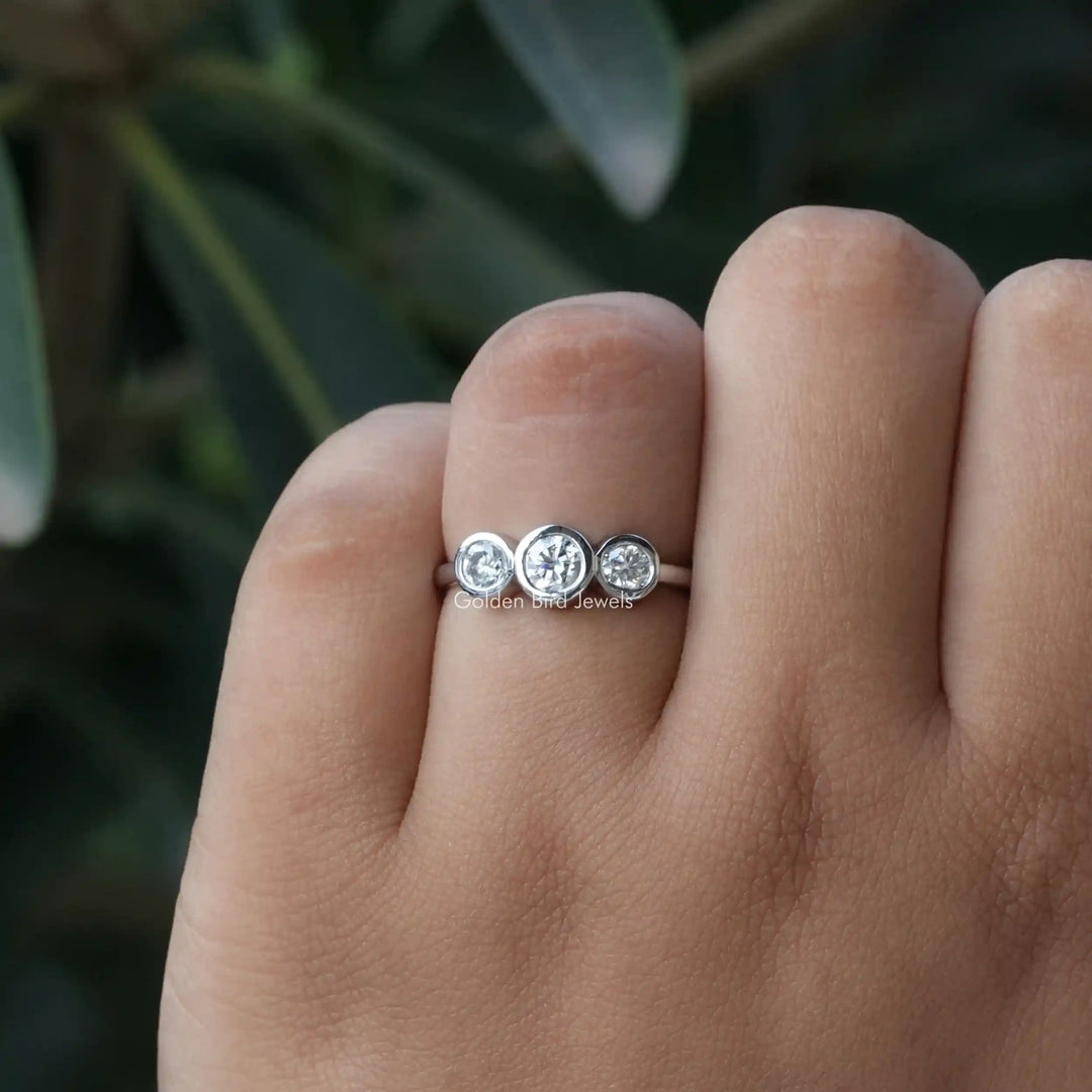 Three Stone Round Cut Moissanite Bezel Set Proposal Ring