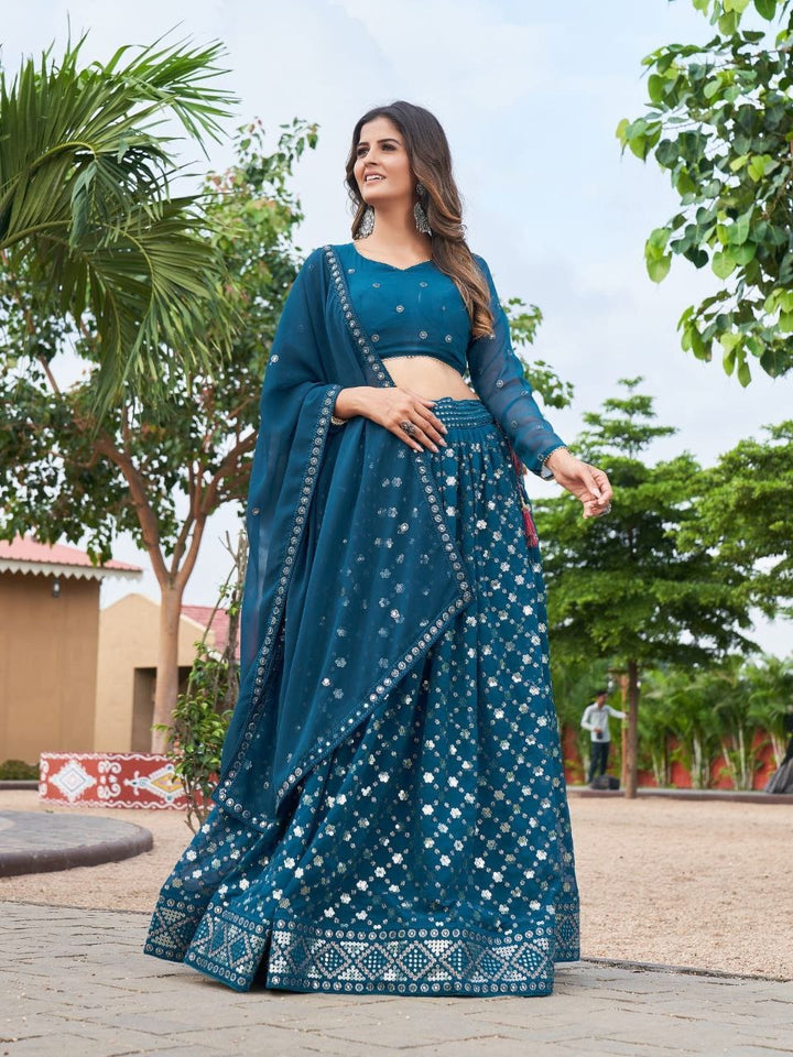 Teal Georgatte Beautiful Glitter Sequence And Twin Sequence Work Lehenga