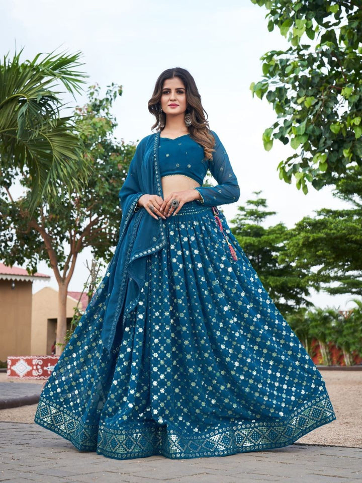 Teal Georgatte Beautiful Glitter Sequence And Twin Sequence Work Lehenga