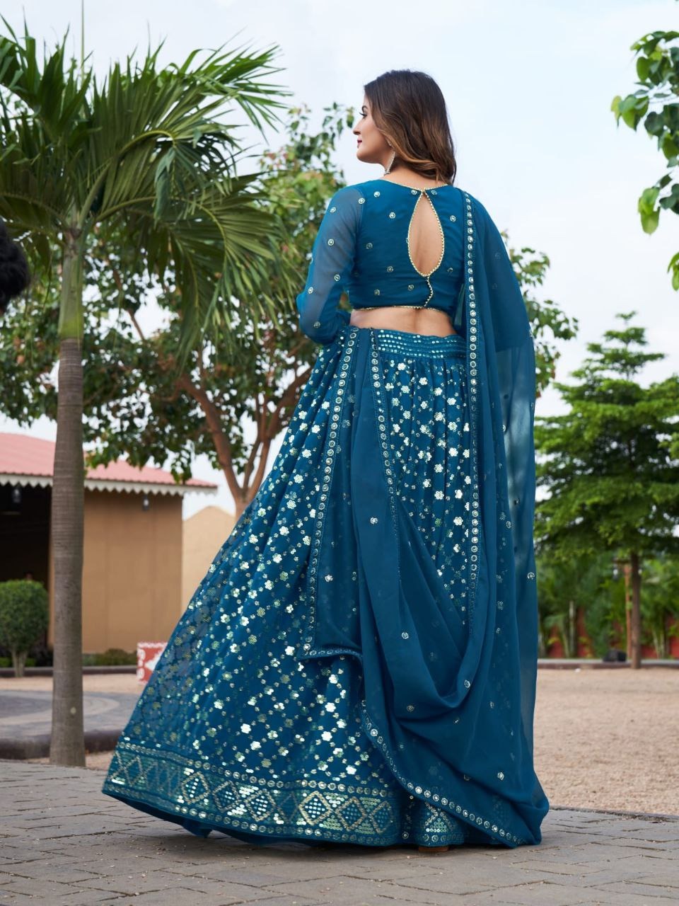 Teal Georgatte Beautiful Glitter Sequence And Twin Sequence Work Lehenga