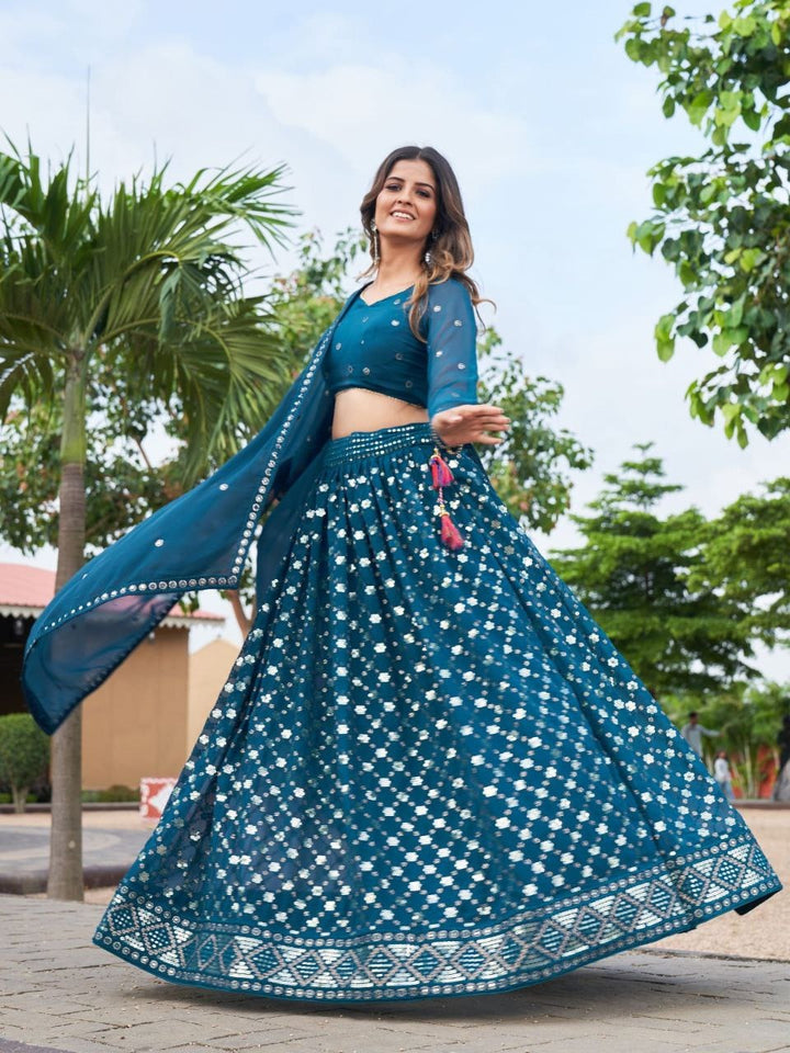 Teal Georgatte Beautiful Glitter Sequence And Twin Sequence Work Lehenga