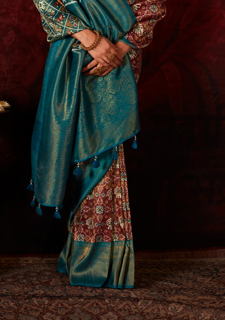 TEAL BLUE SOFT SILK SAREE WITH DIGITAL PRINT