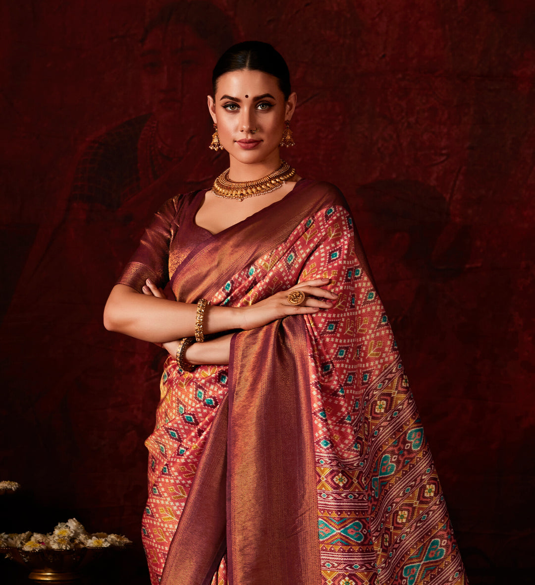 DARK BROWN SOFT SILK SAREE WITH DIGITAL PRINT