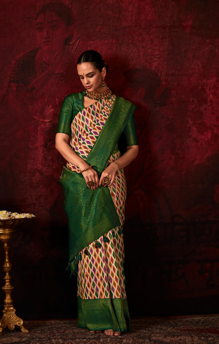 DARK GREEN SOFT SILK SAREE WITH DIGITAL PRINT