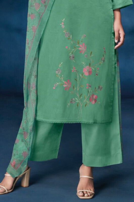 GREEN PREMIUM COTTON SILK SOLID WITH EMBROIDERY WORK SALWAR SUIT