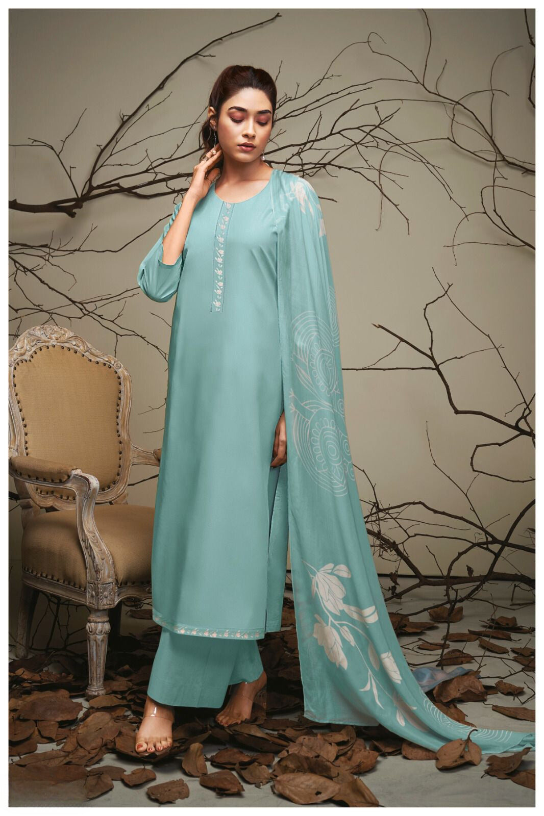 SKY BLUE PREMIUM COTTON SILK SOLID WITH PRINTED SALWAR SUIT
