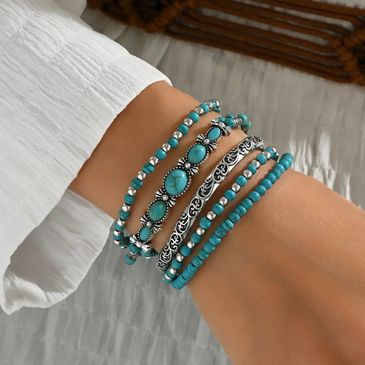 Boho armbanden set met turquoise kralen  - By Qivii