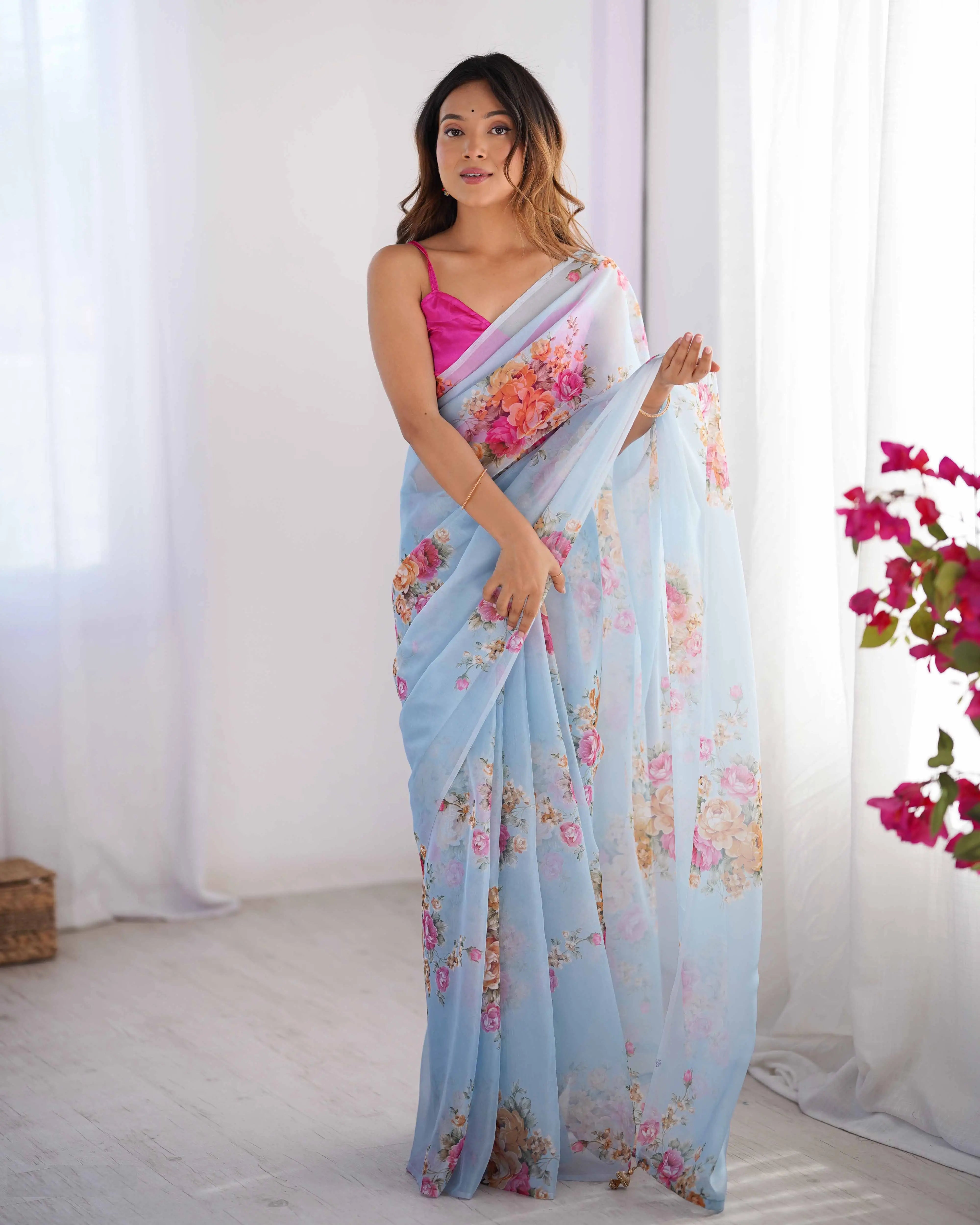 Sky Blue Floral Printed Organza Saree - qivii