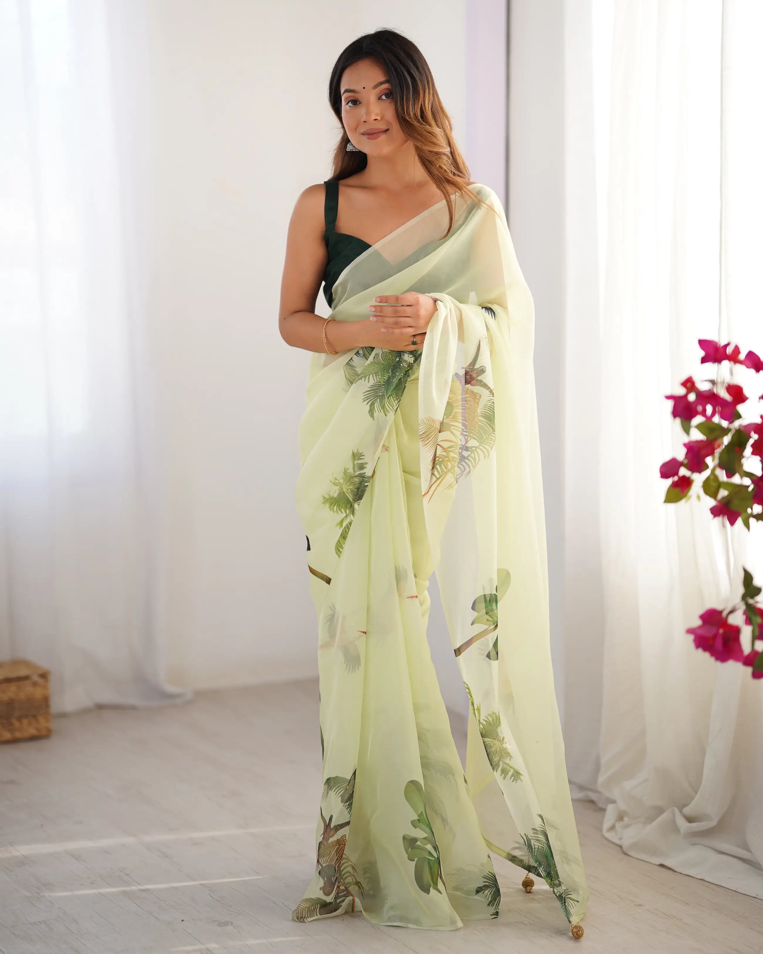 Pastel Green Digital Printed Organza Saree - qivii