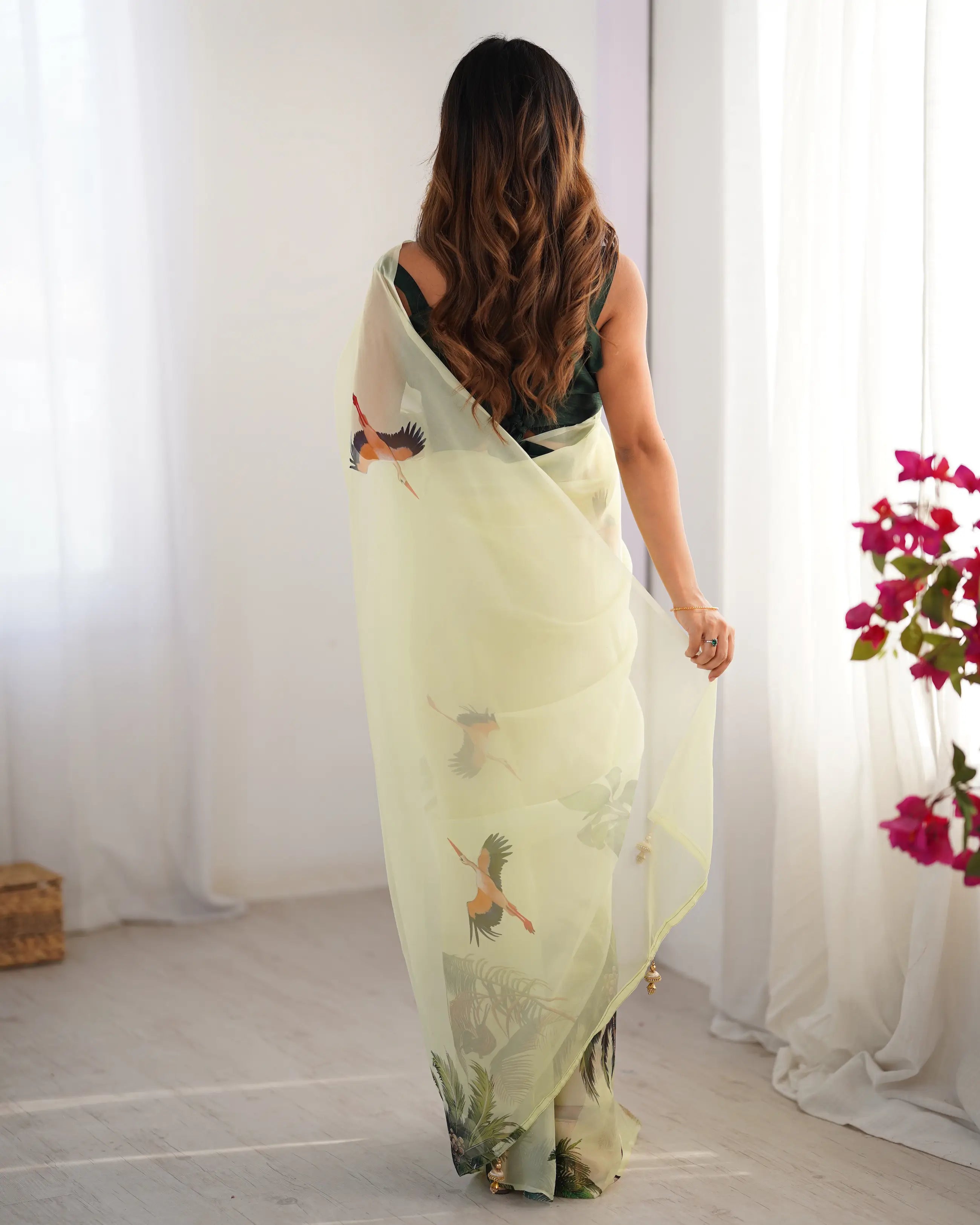 Pastel Green Digital Printed Organza Saree - qivii