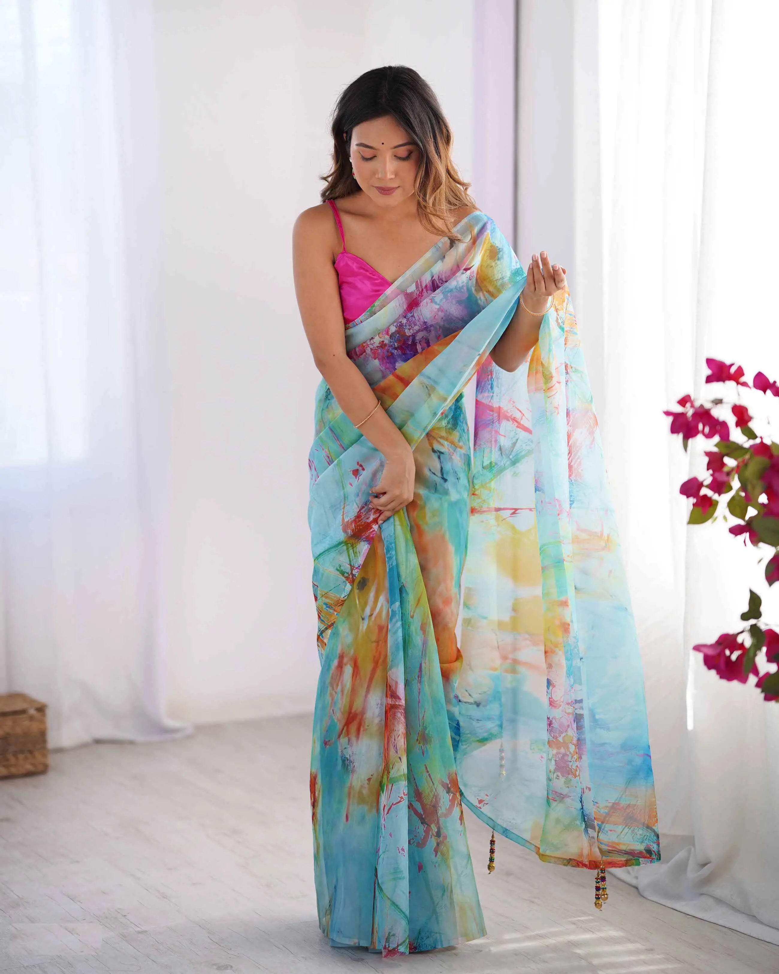 Multicolor Digital Printed Organza Saree - qivii