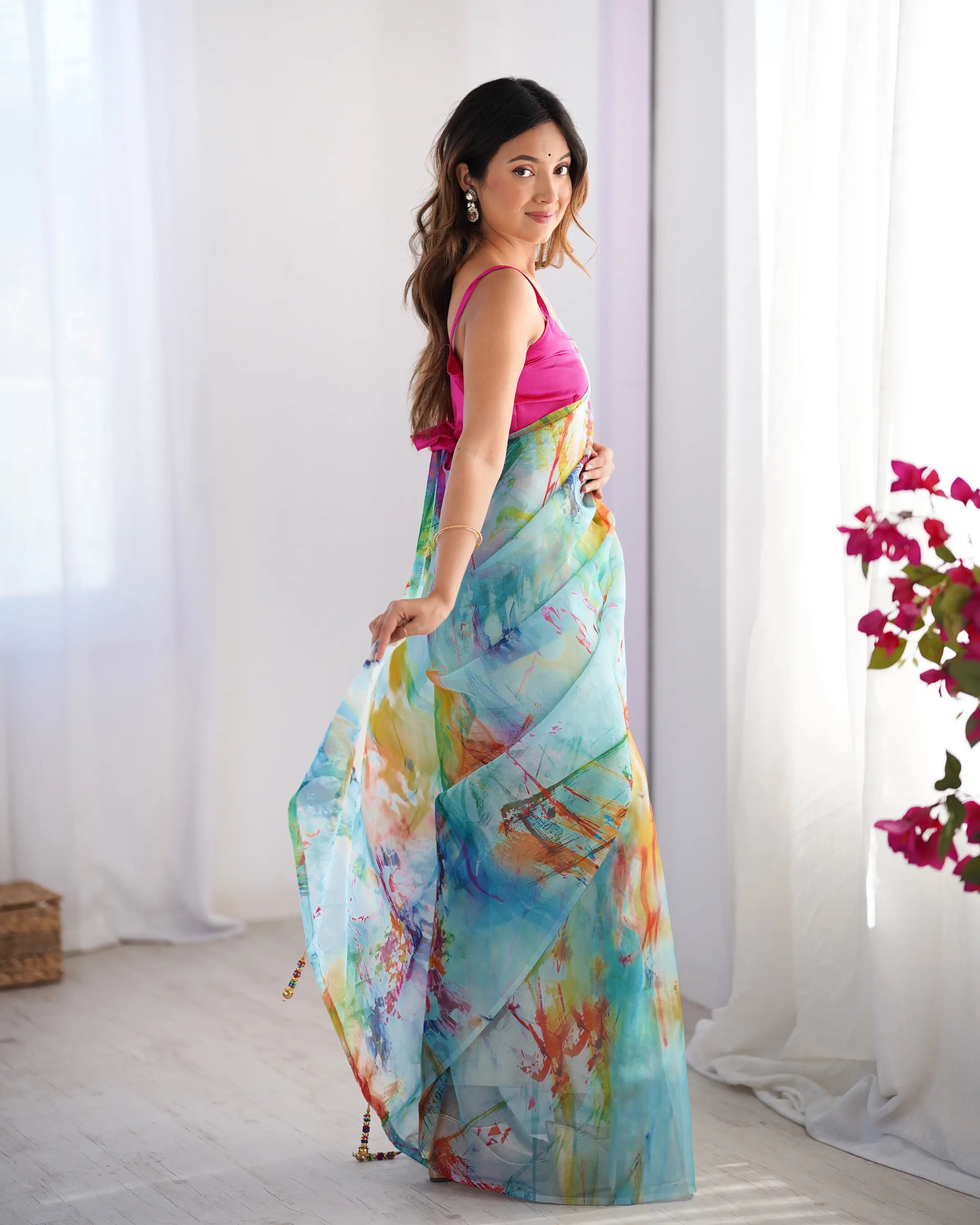 Multicolor Digital Printed Organza Saree - qivii