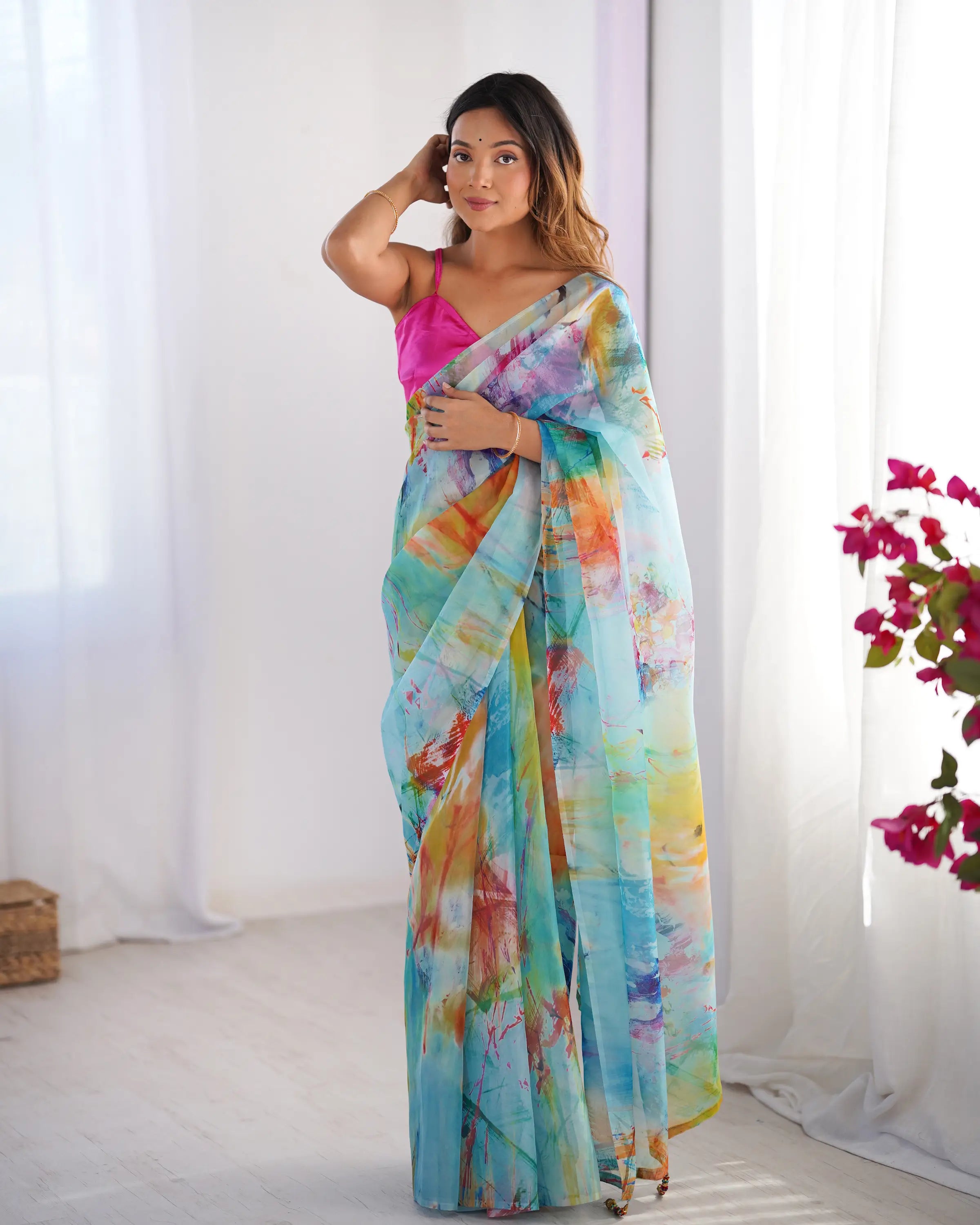 Multicolor Digital Printed Organza Saree - qivii