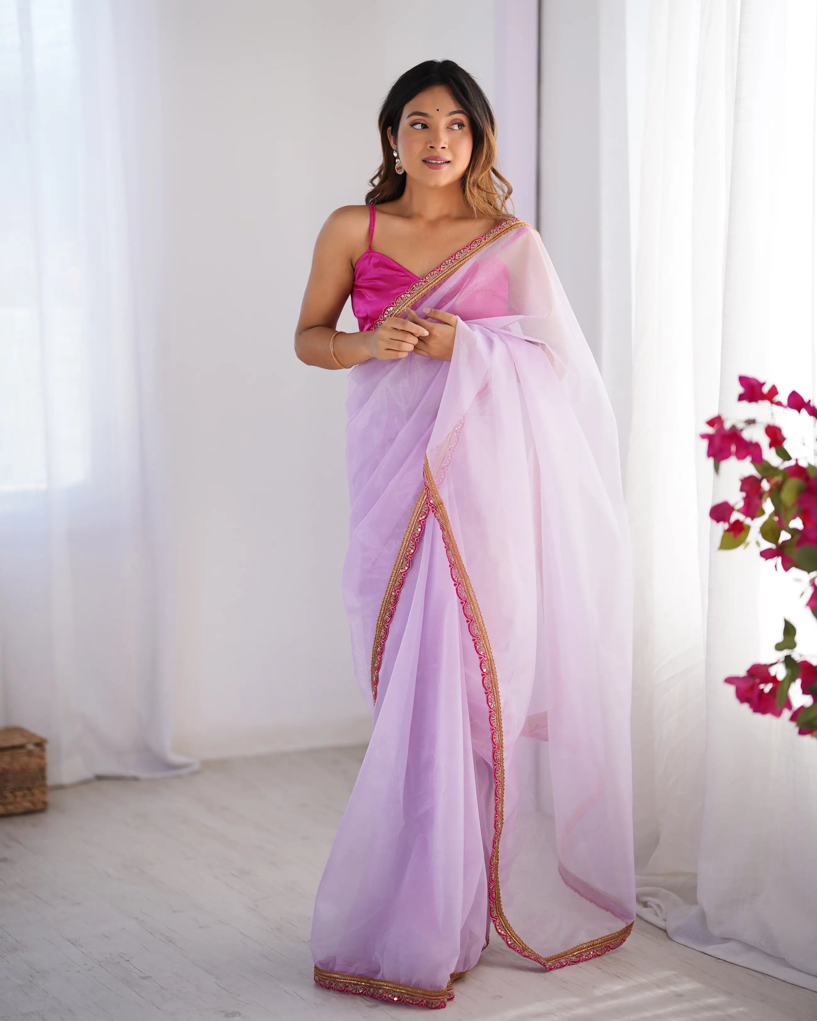 Lavender Twill Net Saree With Lace Border - qivii