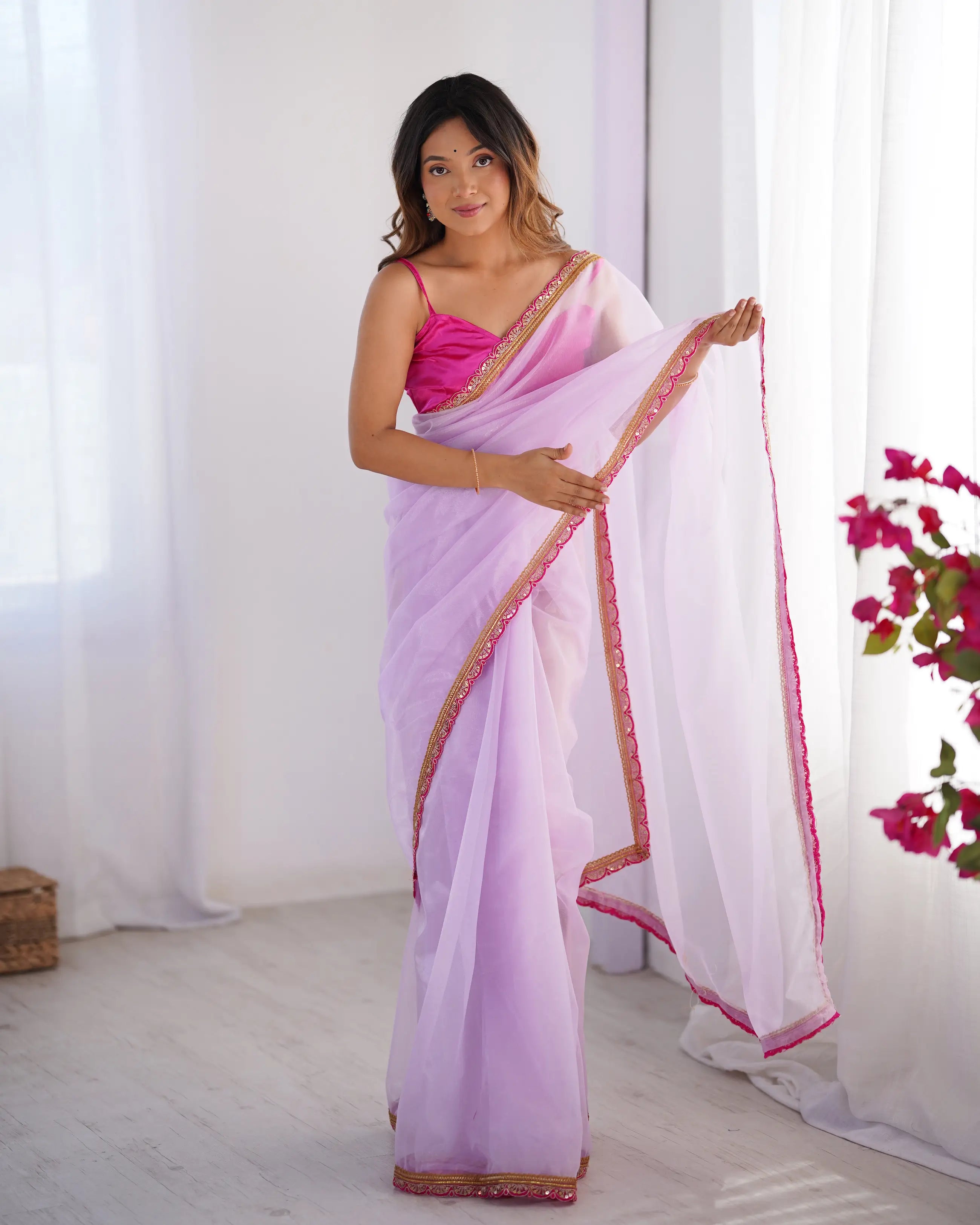 Lavender Twill Net Saree With Lace Border - qivii
