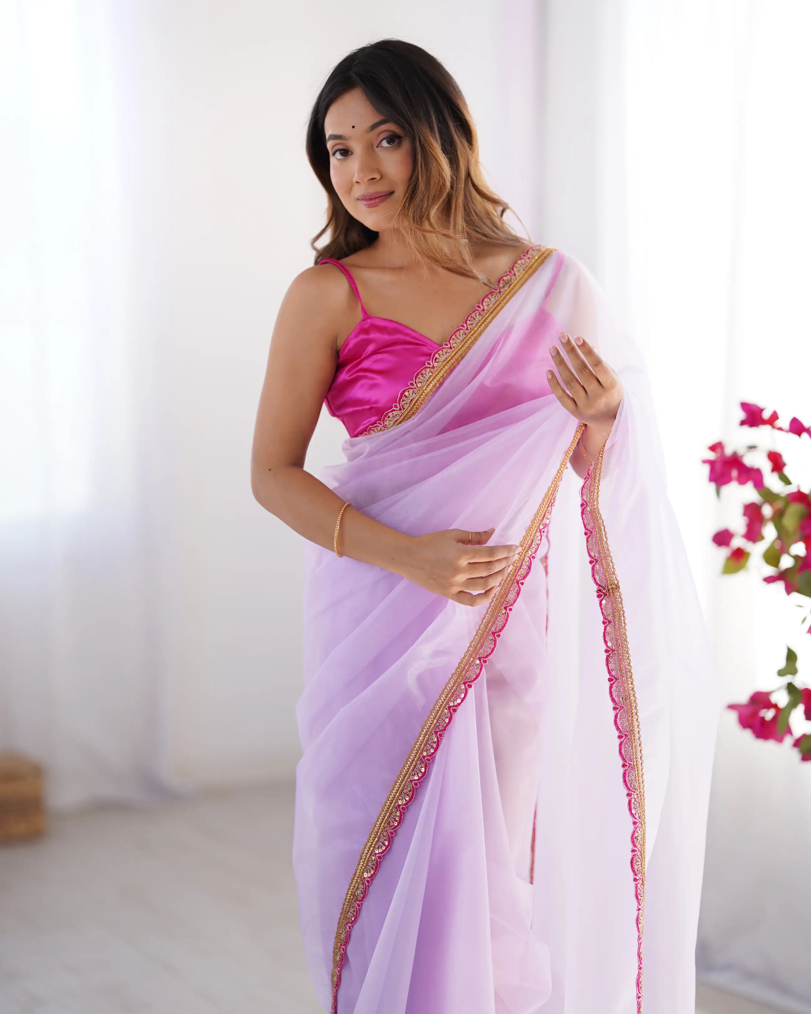 Lavender Twill Net Saree With Lace Border - qivii