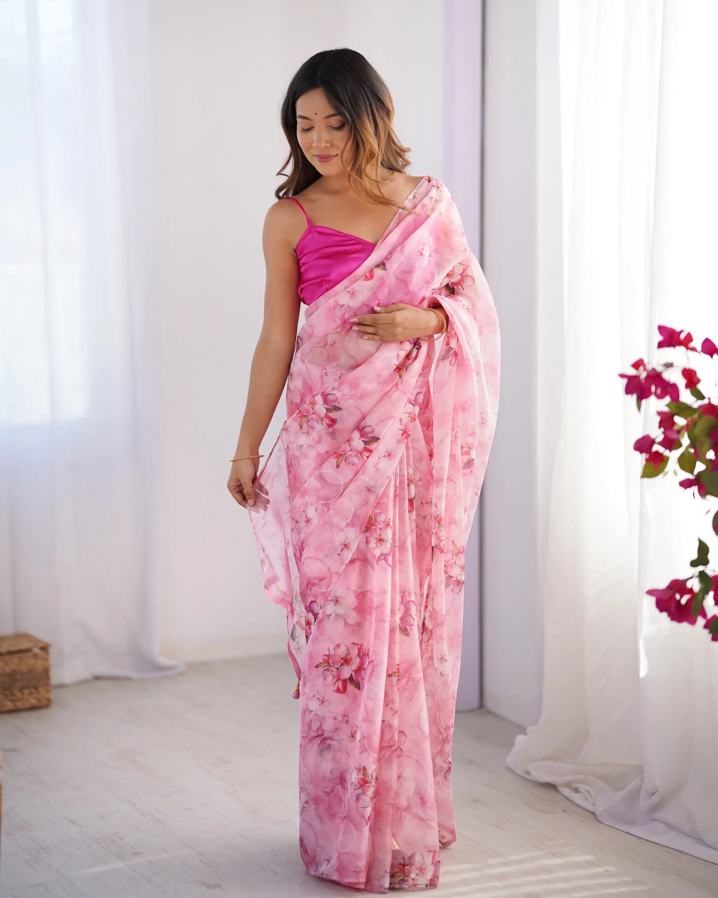 Rosy Pink Floral Printed Organza Saree - qivii