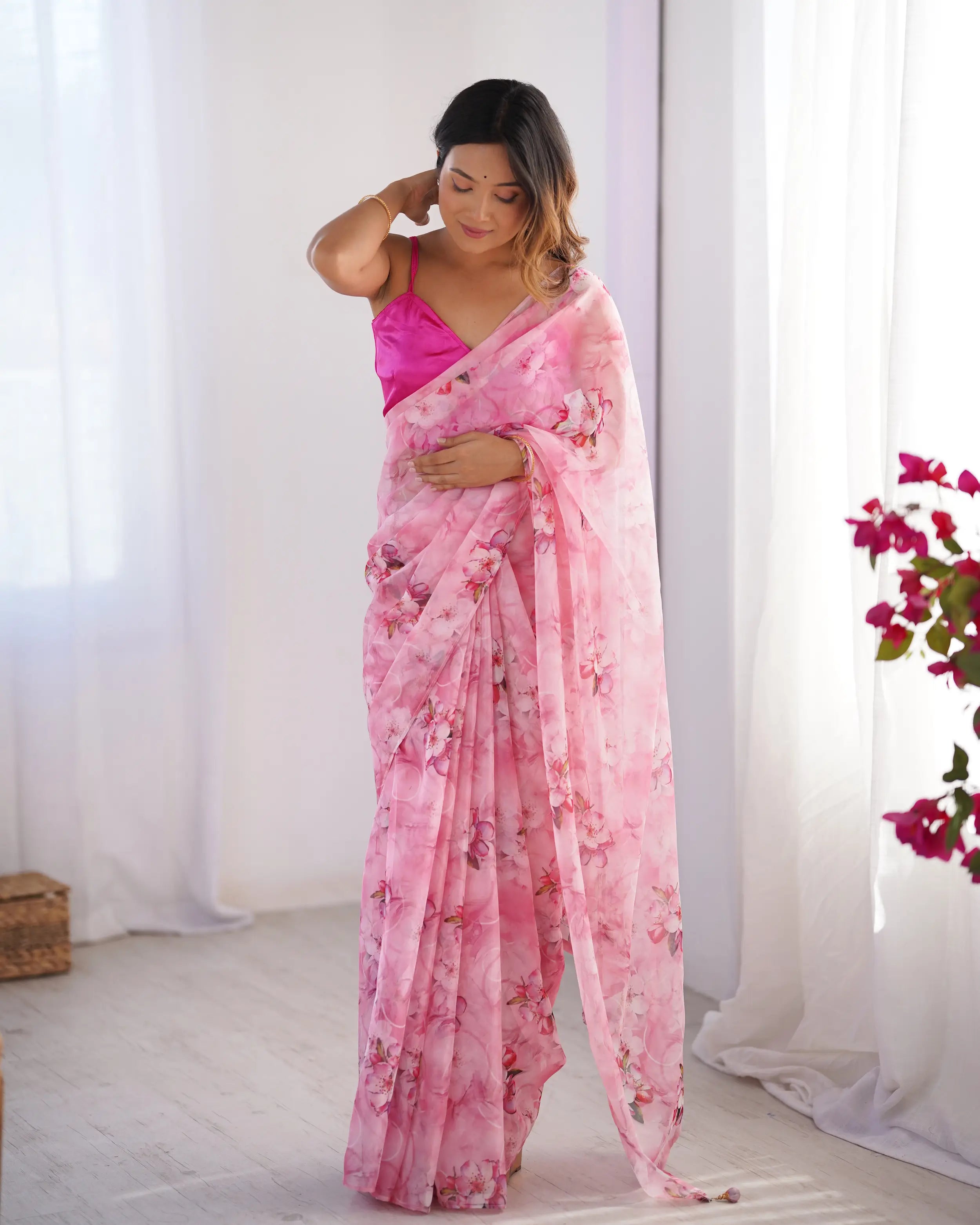 Rosy Pink Floral Printed Organza Saree - qivii