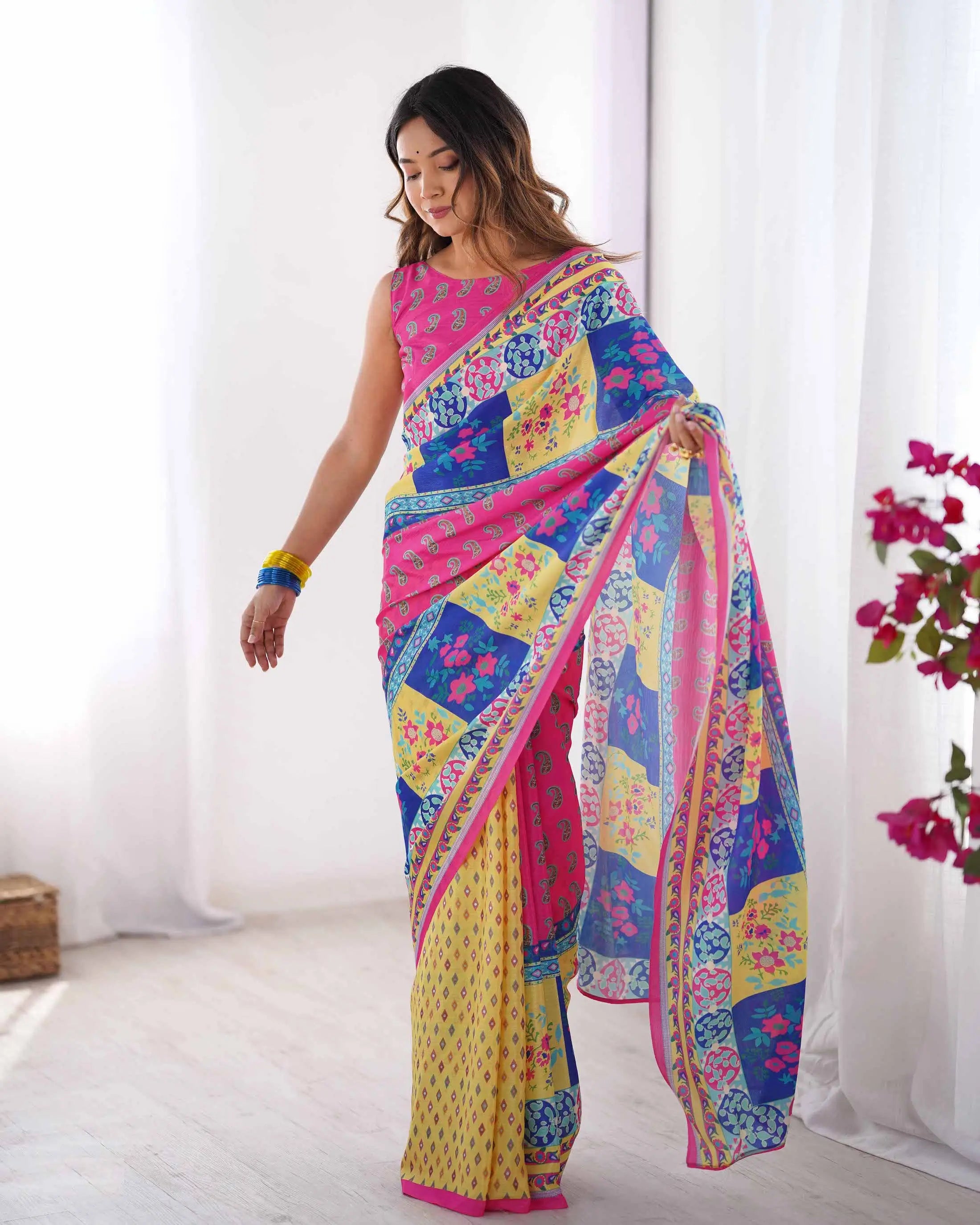Yellow Multicolor Digital Printed Organza Saree - qivii