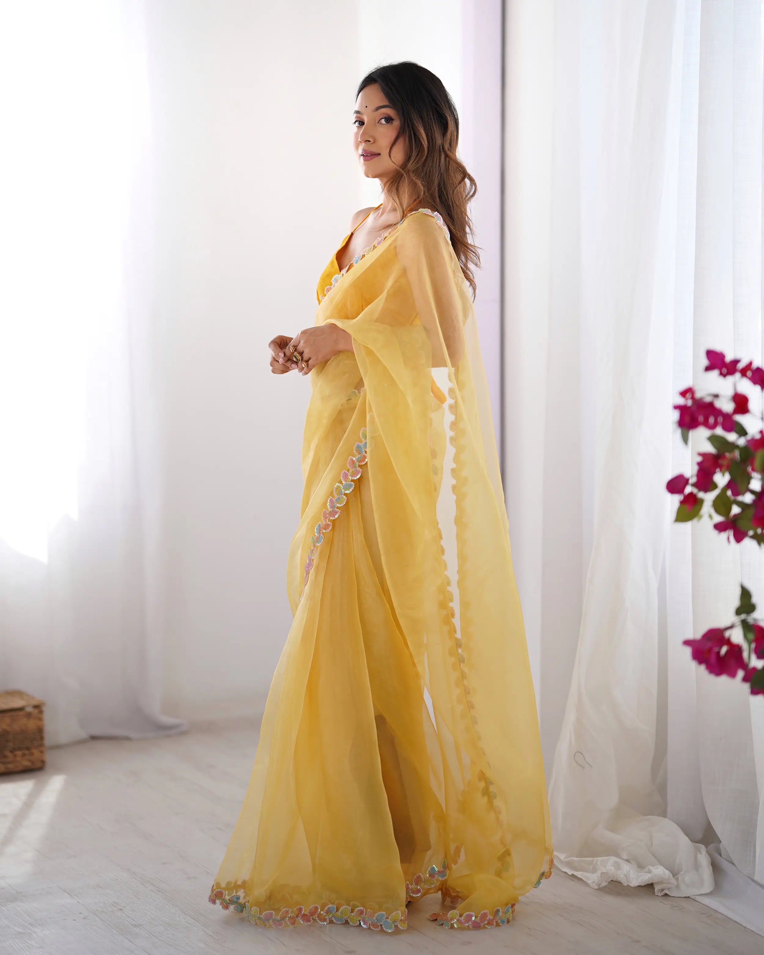 Golden Yellow Jimmy Choo Saree With Lace Border - qivii