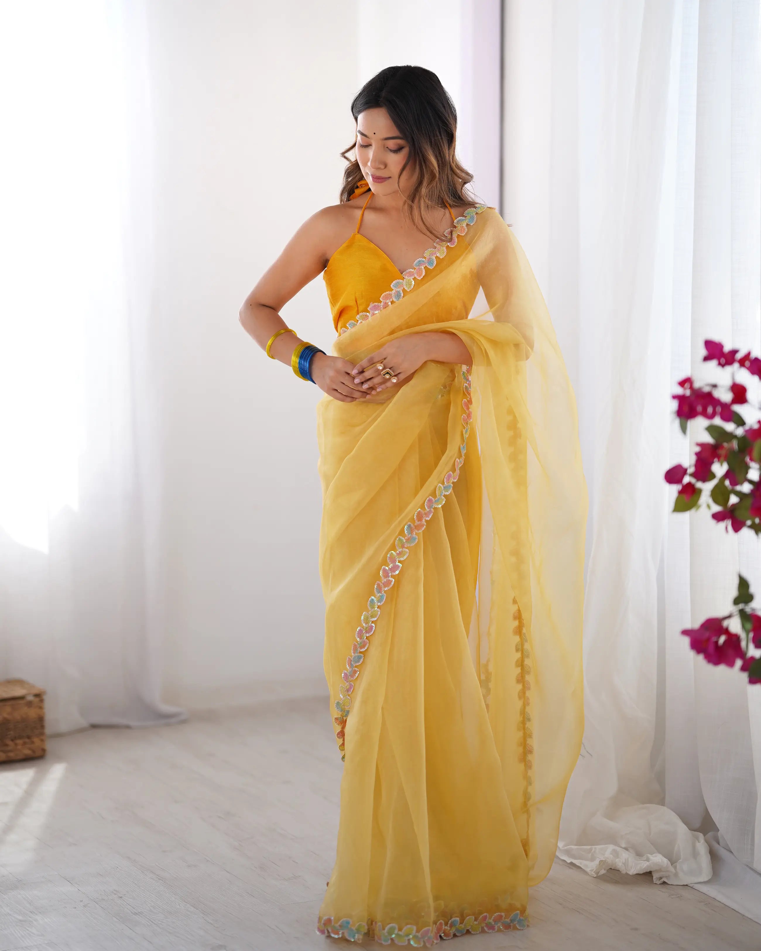 Golden Yellow Jimmy Choo Saree With Lace Border - qivii