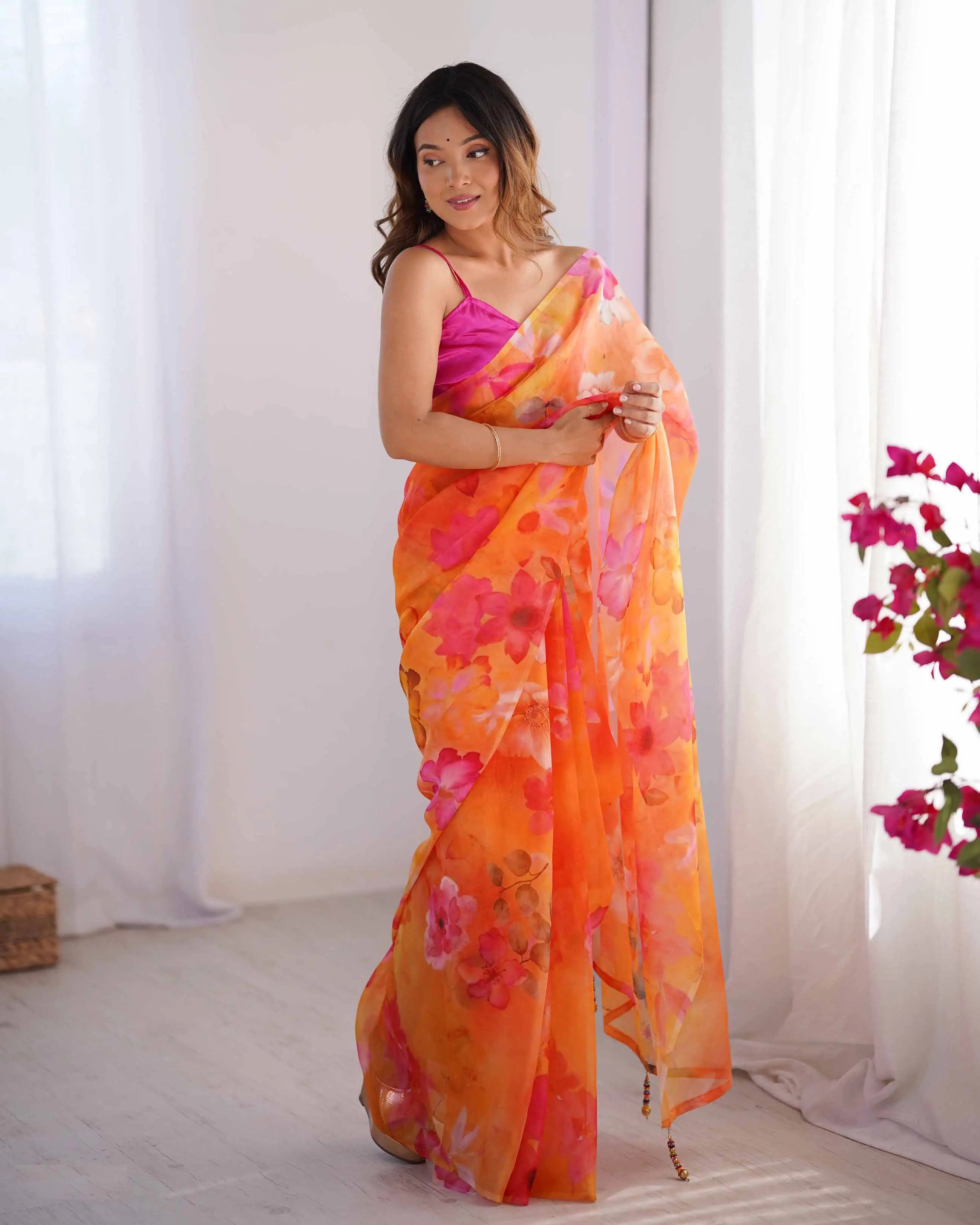 Orange Floral Printed Organza Saree - qivii