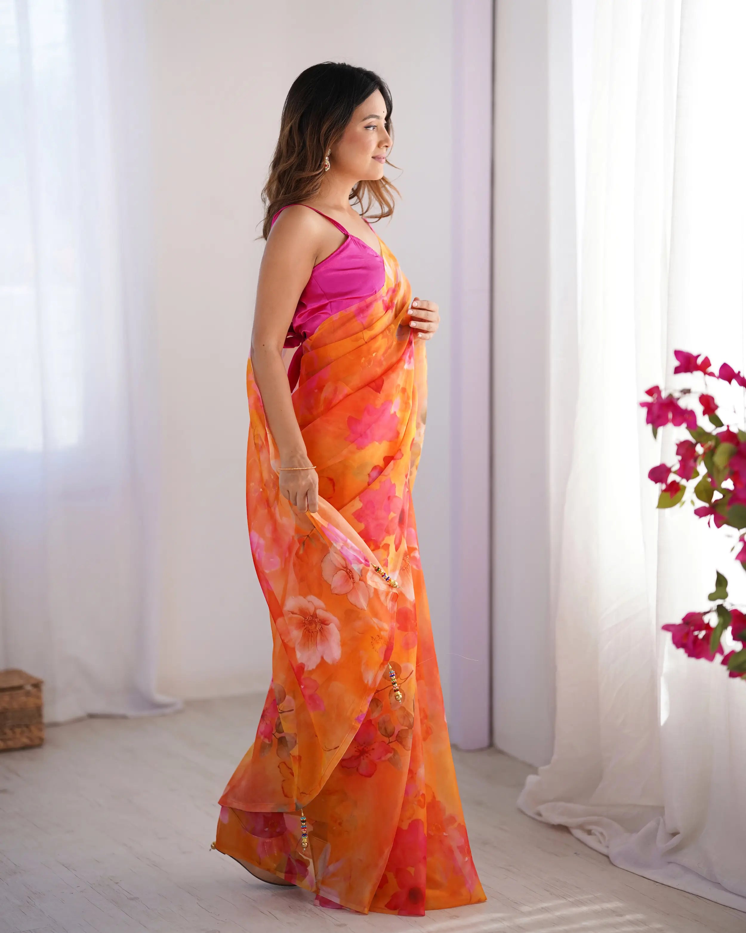 Orange Floral Printed Organza Saree - qivii