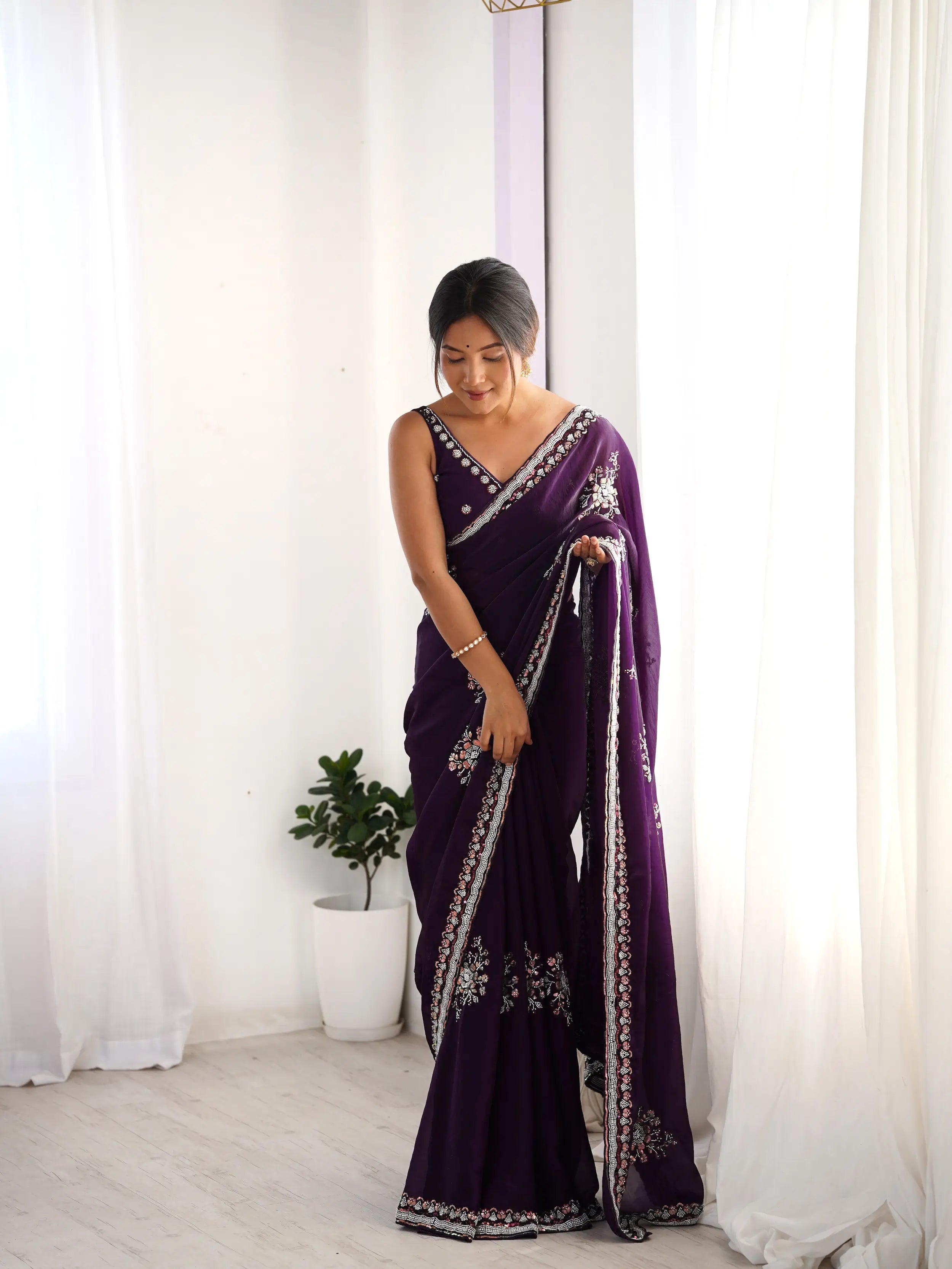 Dark Purple Fendi Silk Hand Work Saree - qivii