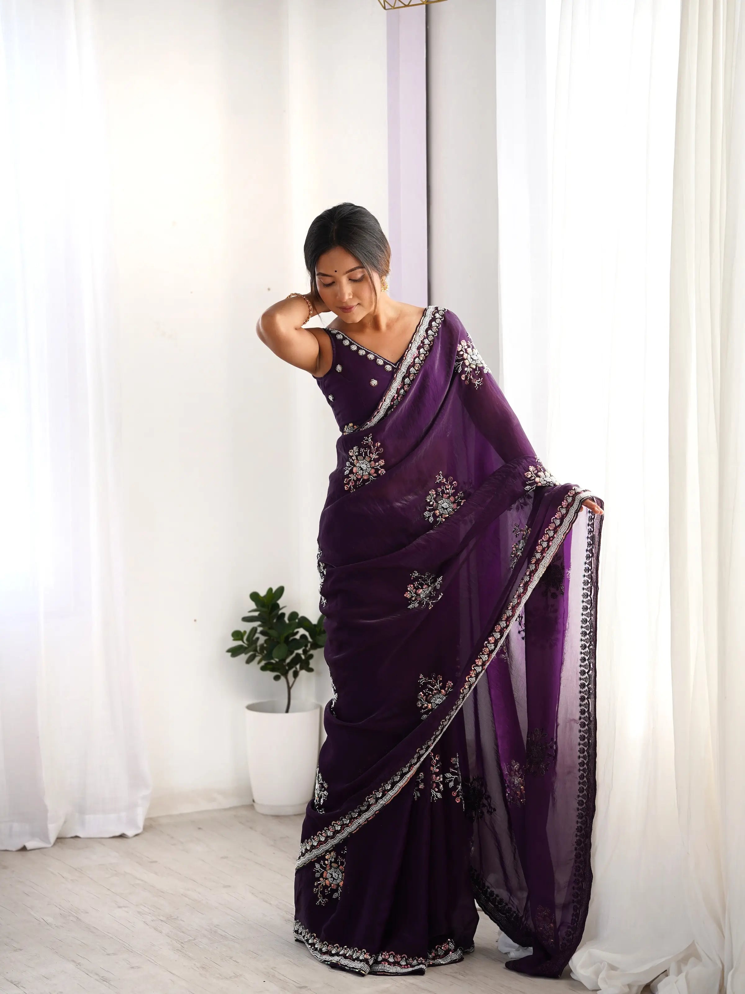 Dark Purple Fendi Silk Hand Work Saree - qivii