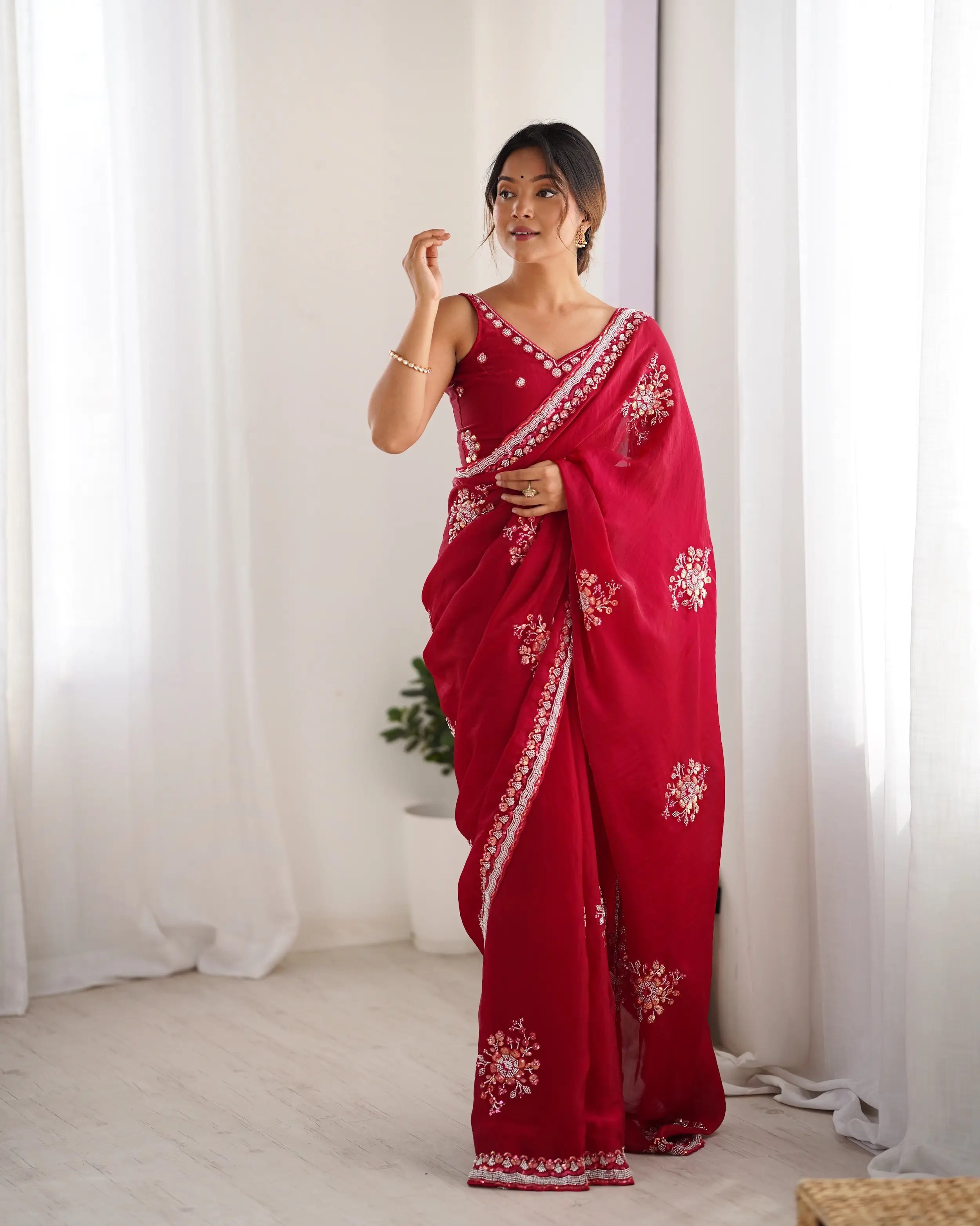Bright Red Fendi Silk Hand Work Saree - qivii