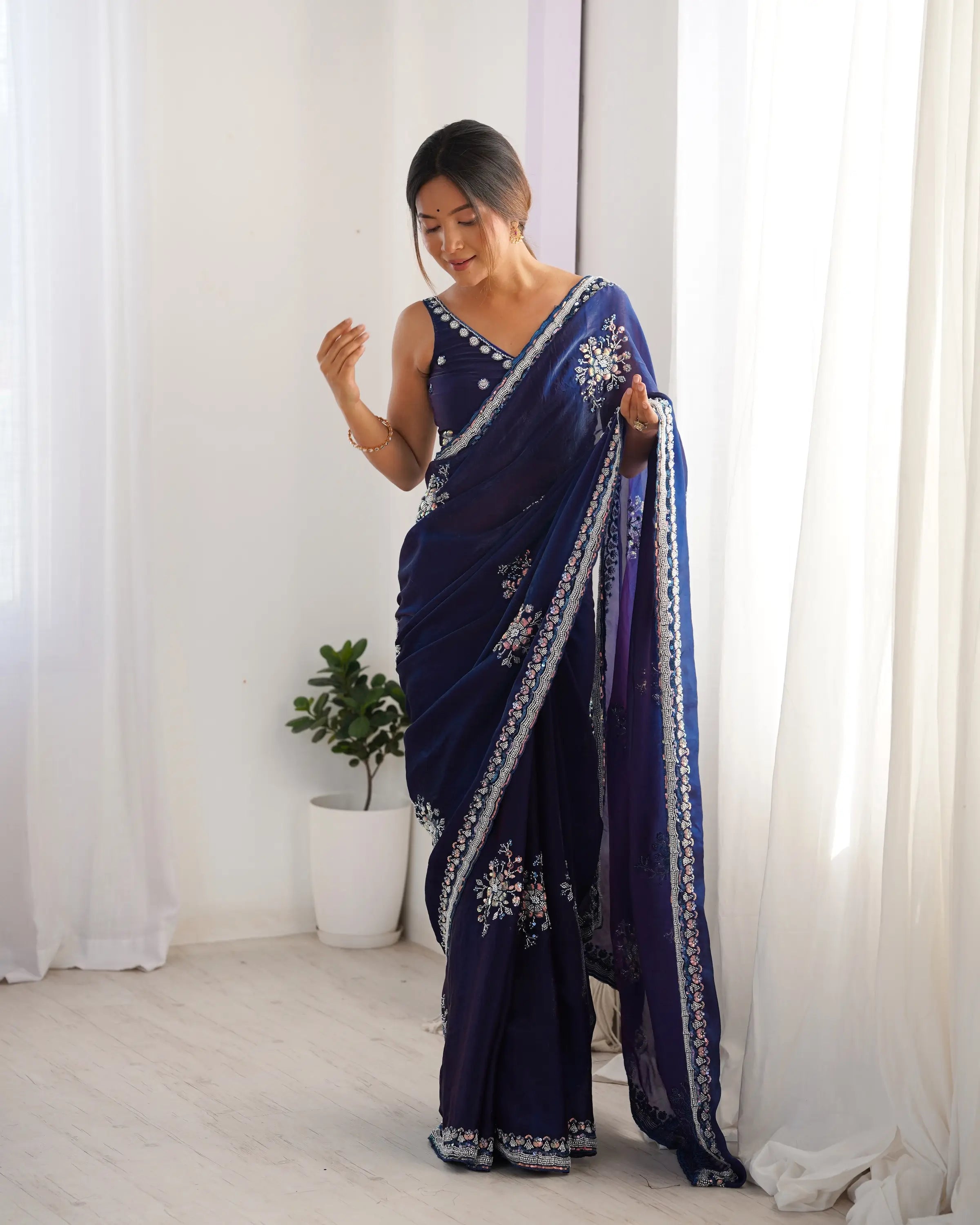 Midnight Blue Fendi Silk Hand Work Saree - qivii