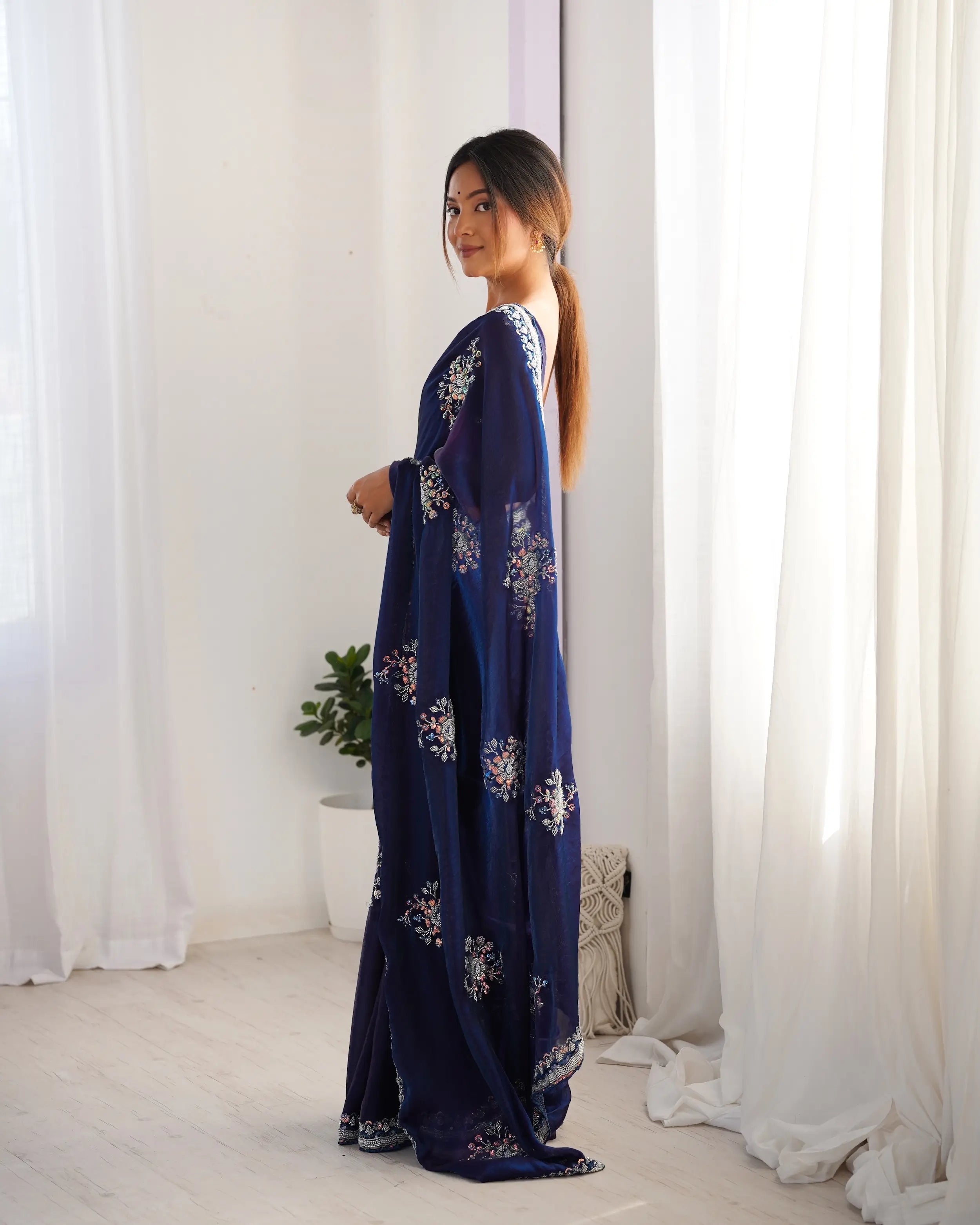 Midnight Blue Fendi Silk Hand Work Saree - qivii