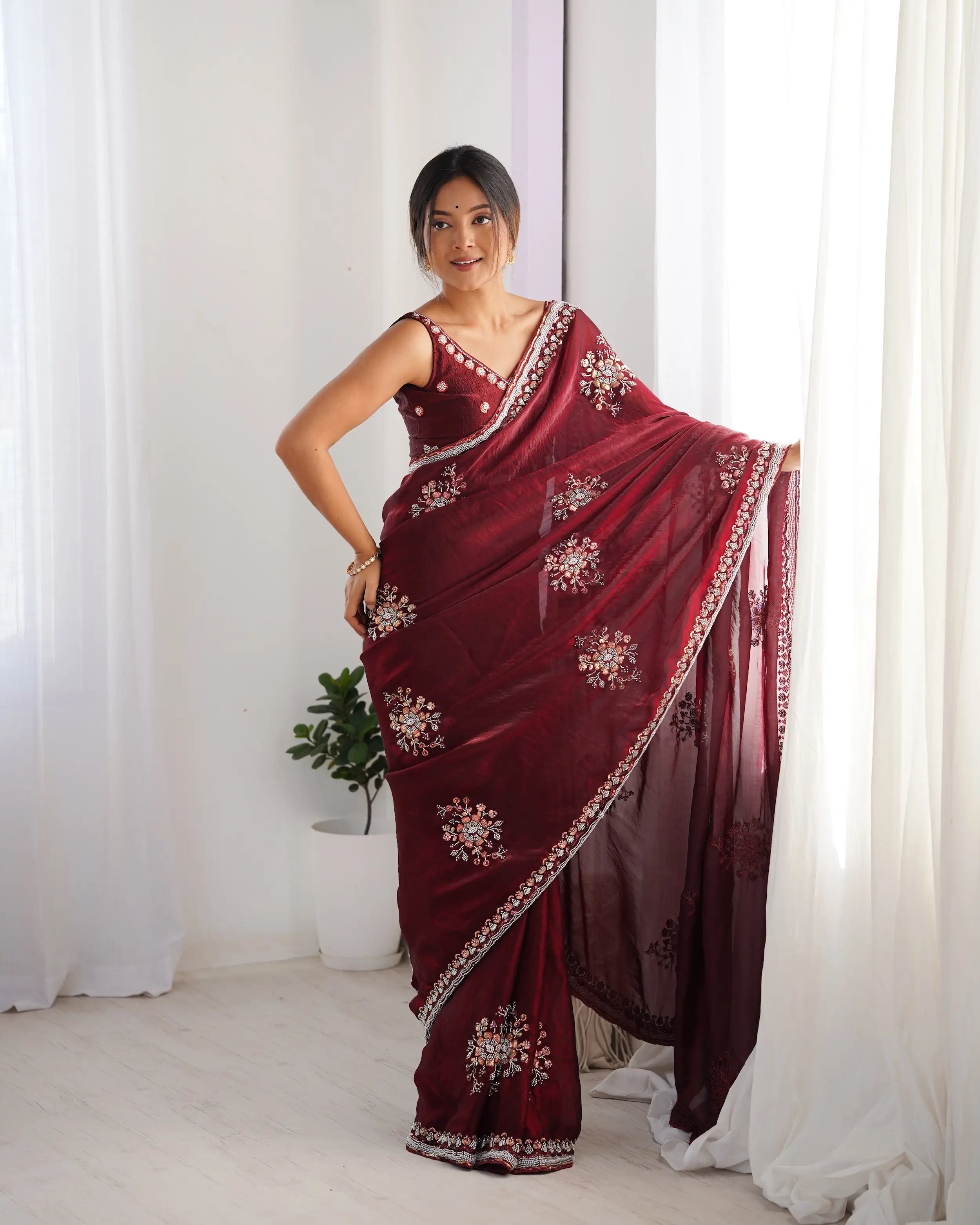 Maroon Fendi Silk Hand Work Saree - qivii
