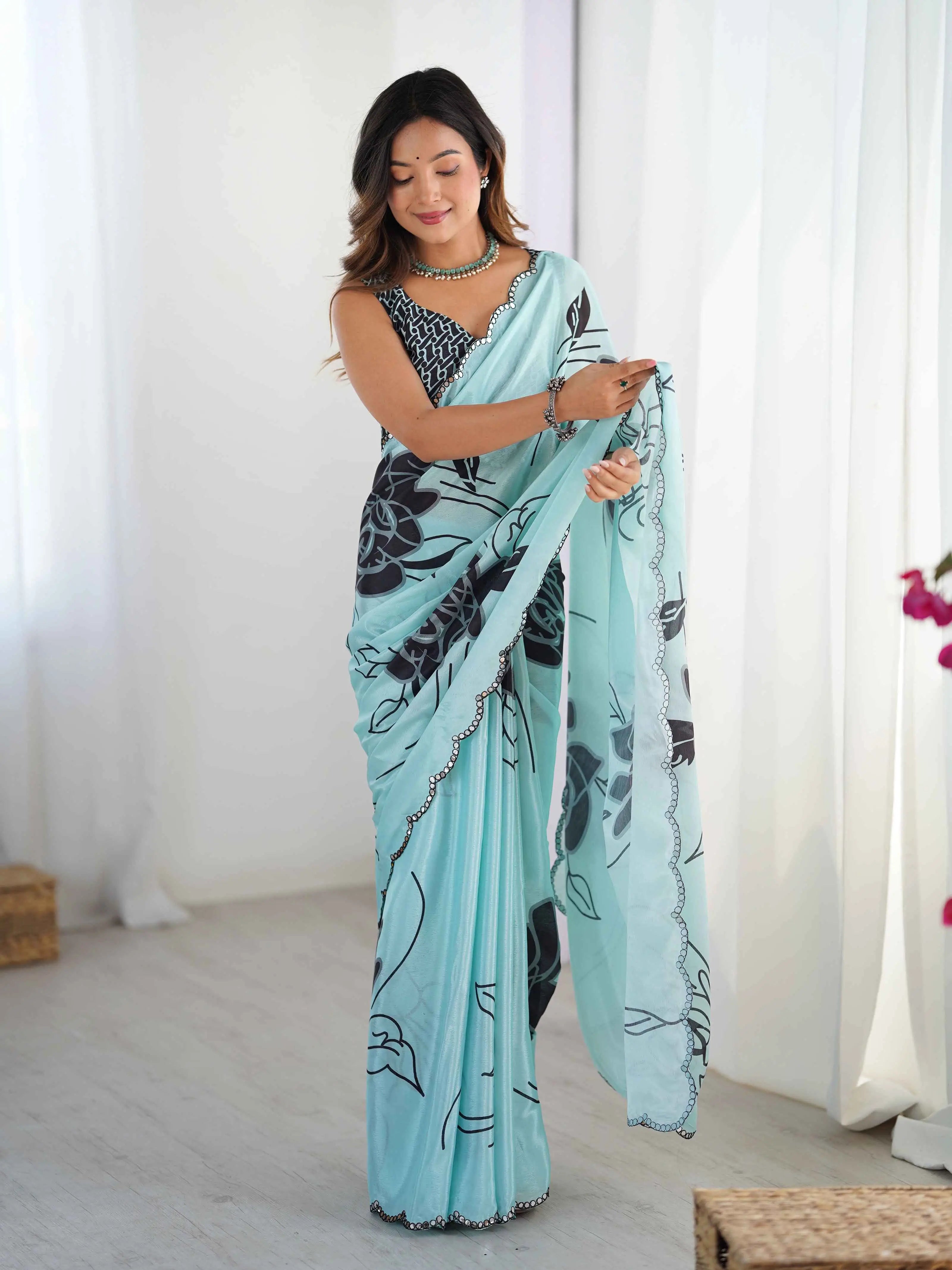Sky Blue Digital Floral Print With Mirror Cut Work Saree - qivii