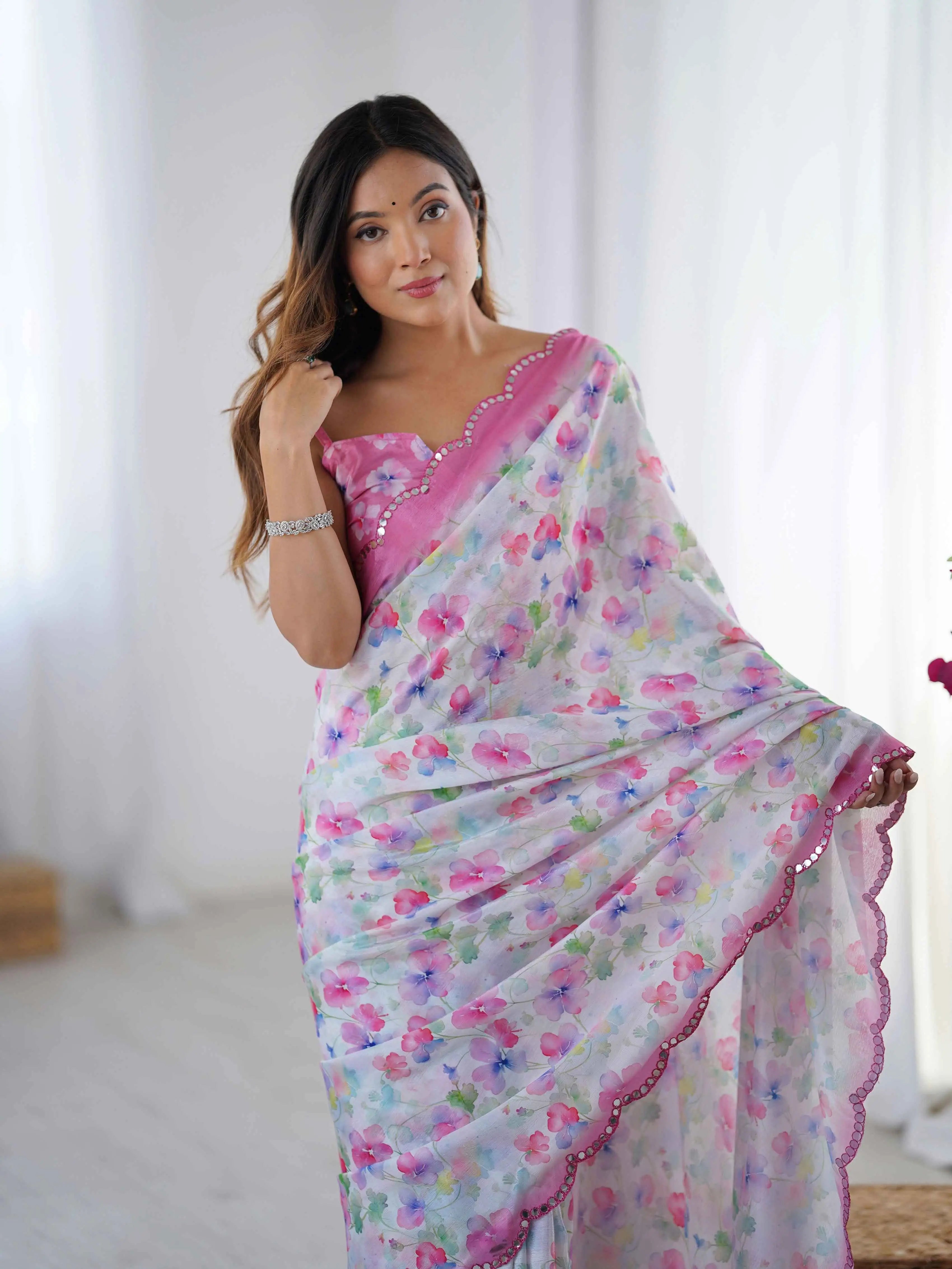 Dull Pink Digital Floral Print With Mirror Cut Work Saree - qivii
