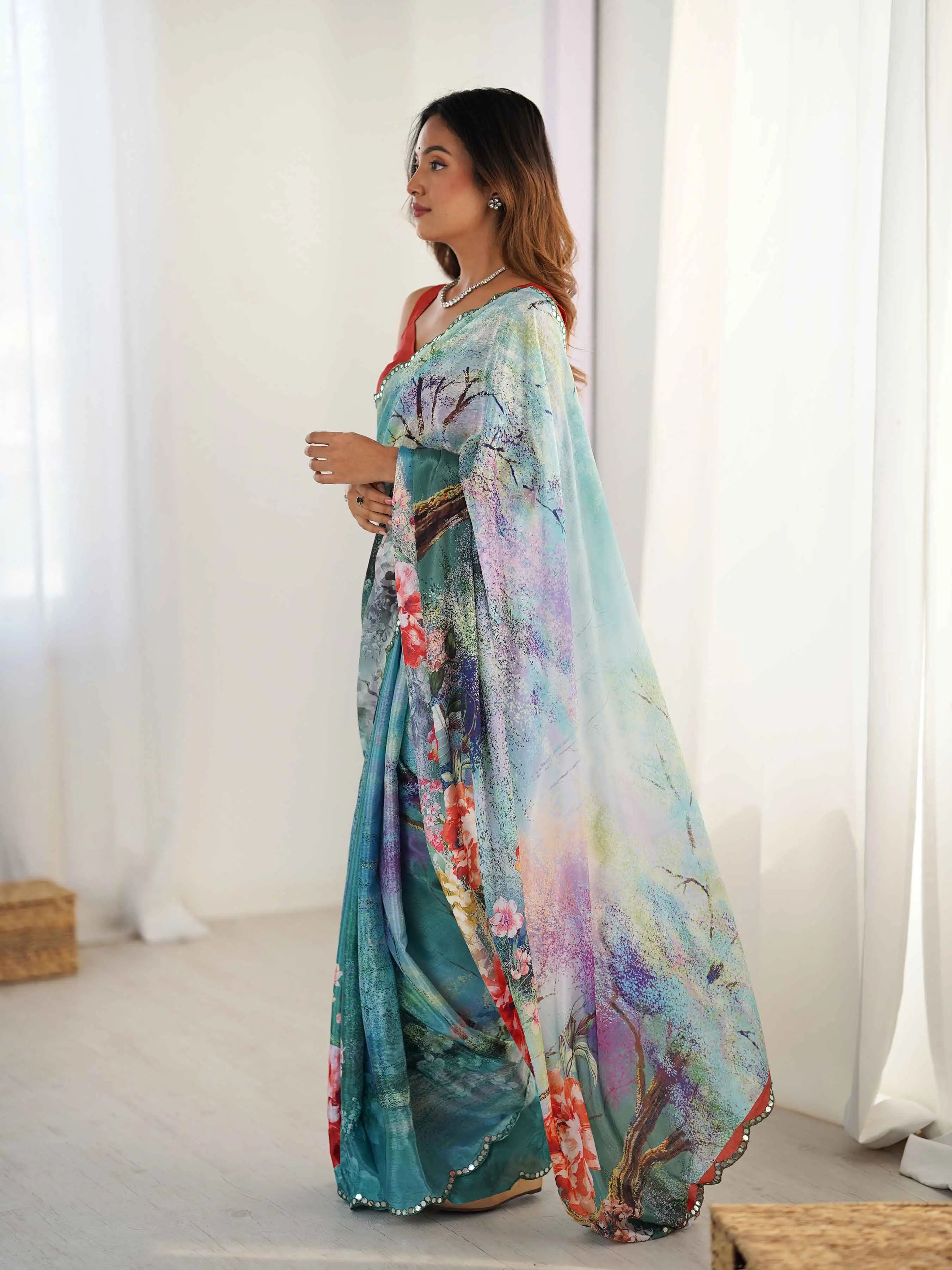 Greyish Teal Blue Digital Floral Print With Mirror Cut Work Saree - qivii