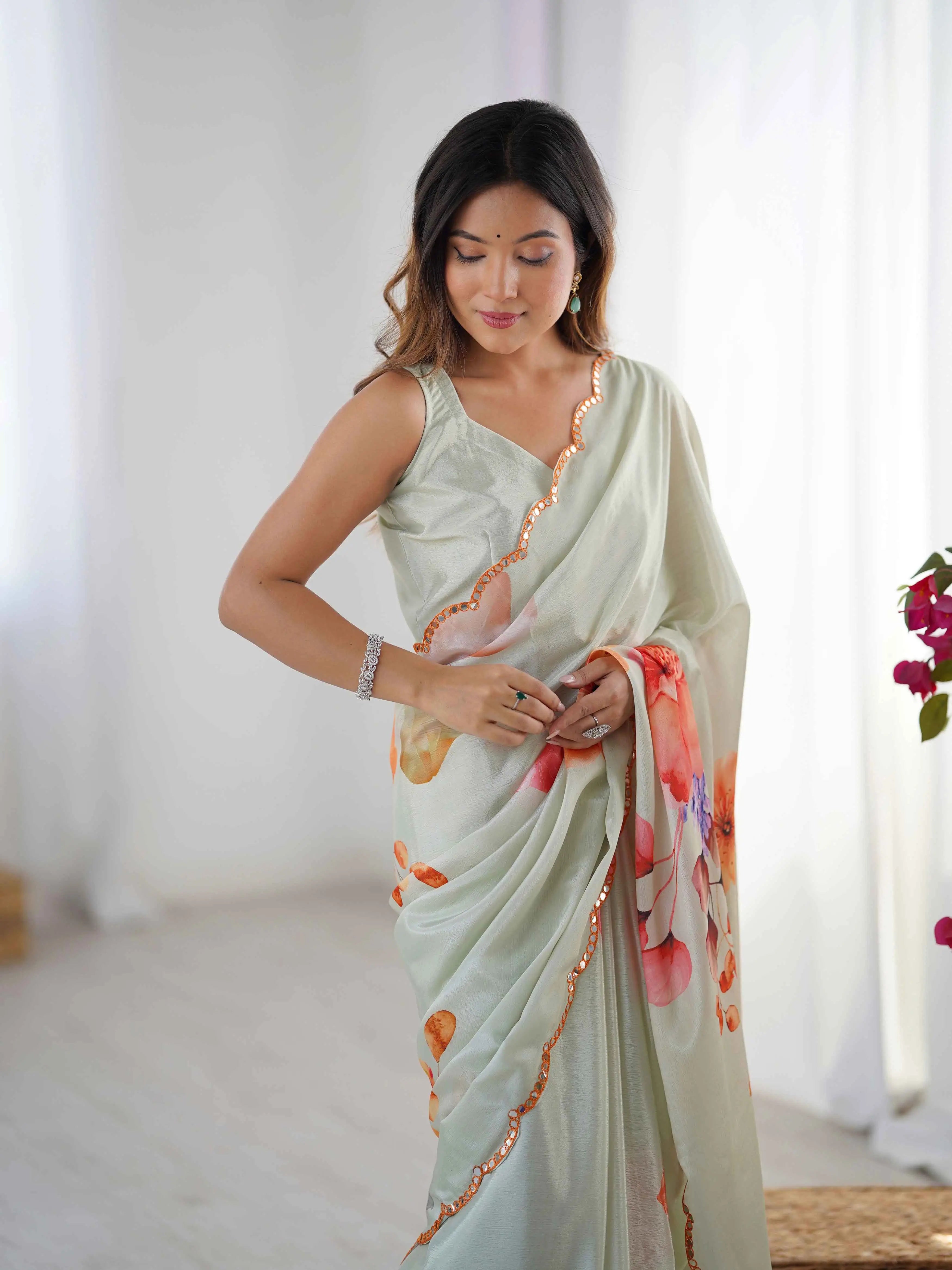 Dark Beige Digital Floral Print With Mirror Cut Work Saree - qivii