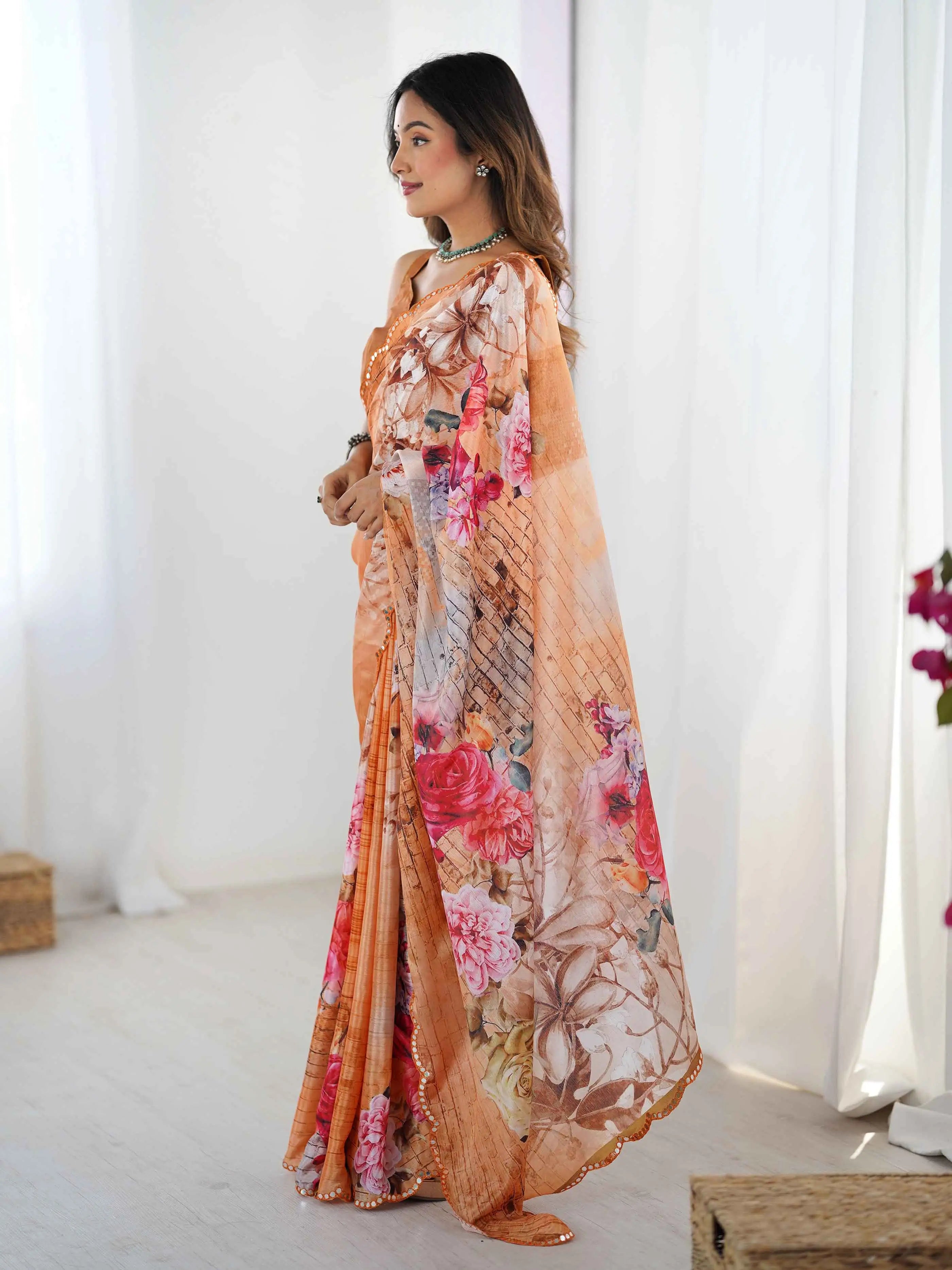 Peach Brown Digital Floral Print With Mirror Cut Work Saree - qivii