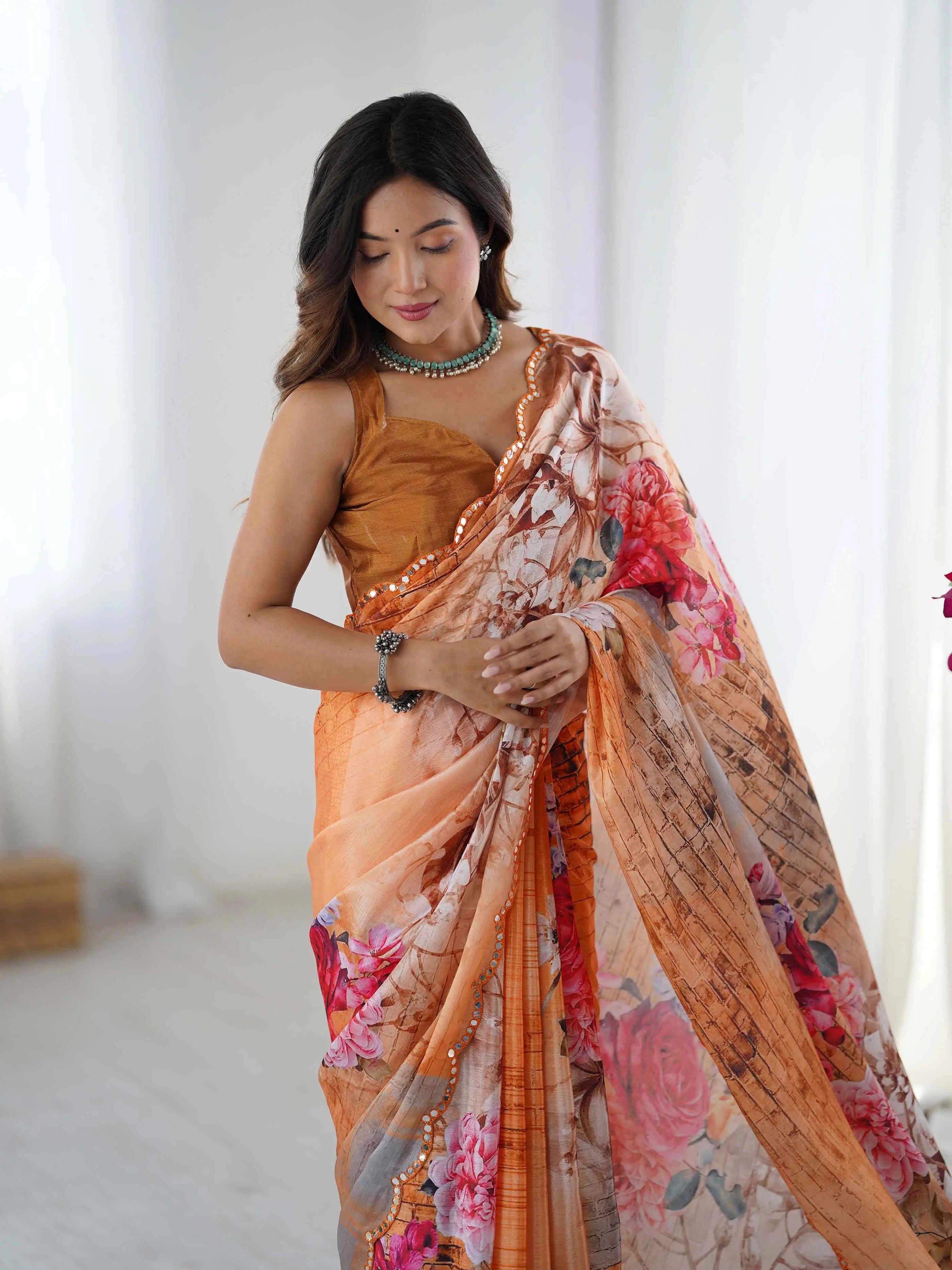 Peach Brown Digital Floral Print With Mirror Cut Work Saree - qivii