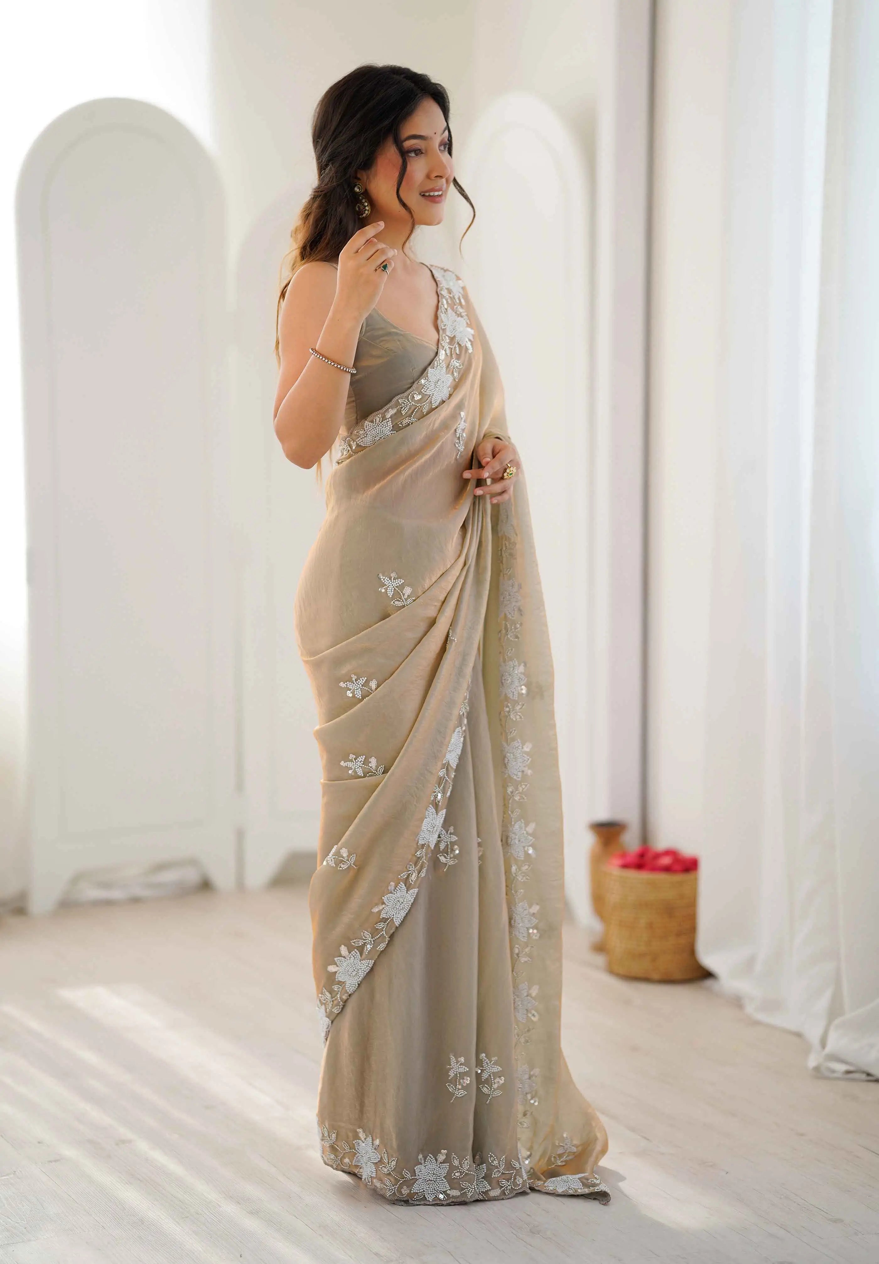Shiny Beige Hand Work Party Wear Saree